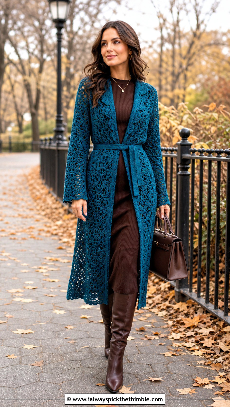 Belted Crochet Lace Duster Jacket With Knit Dress - 25 crochet lace jacket outfit ideas