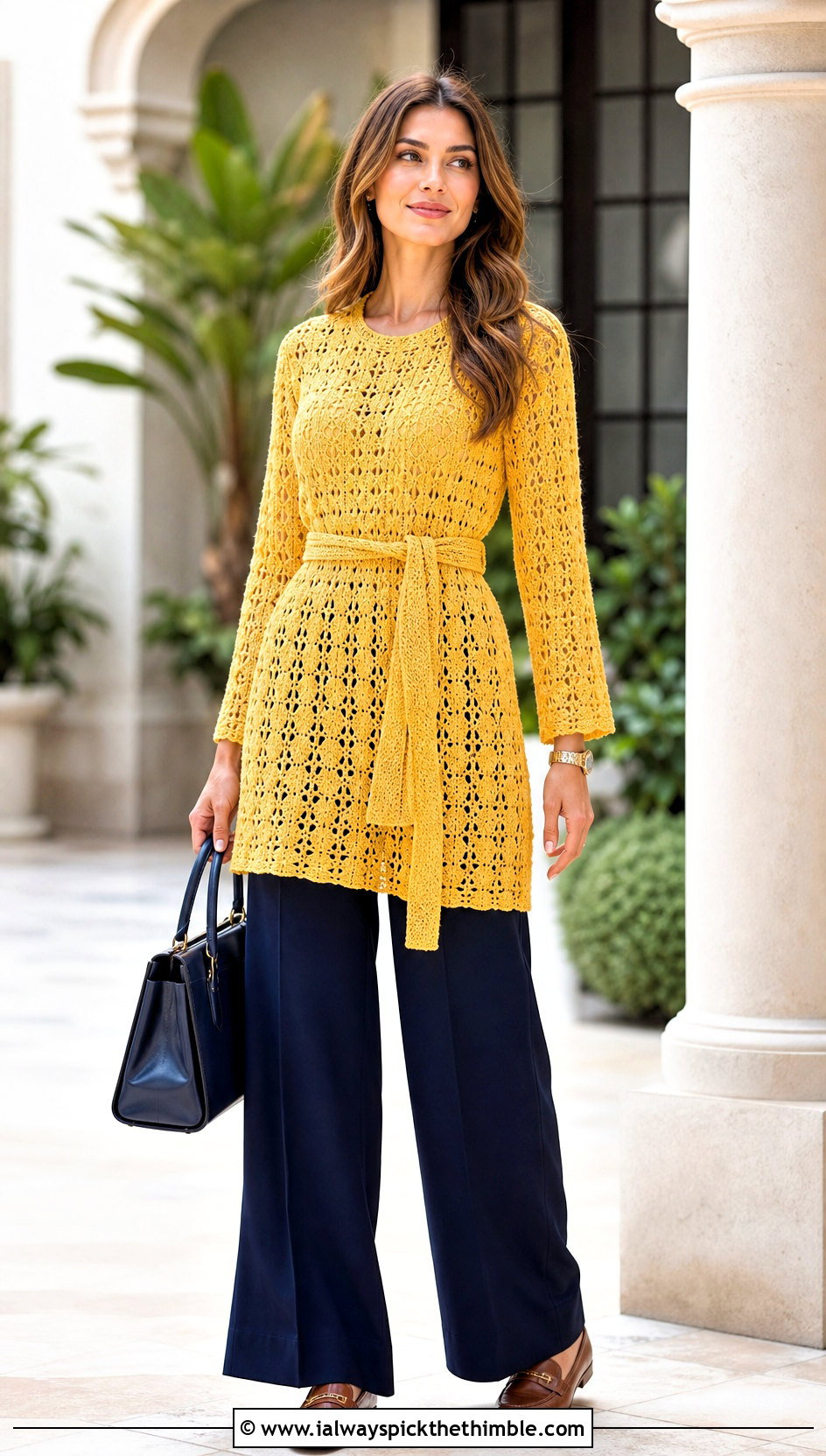 Belted Crochet Long Sleeve Tunic With Wide Leg Trousers - 15 Crochet Long Sleeve Tunic outfit ideas