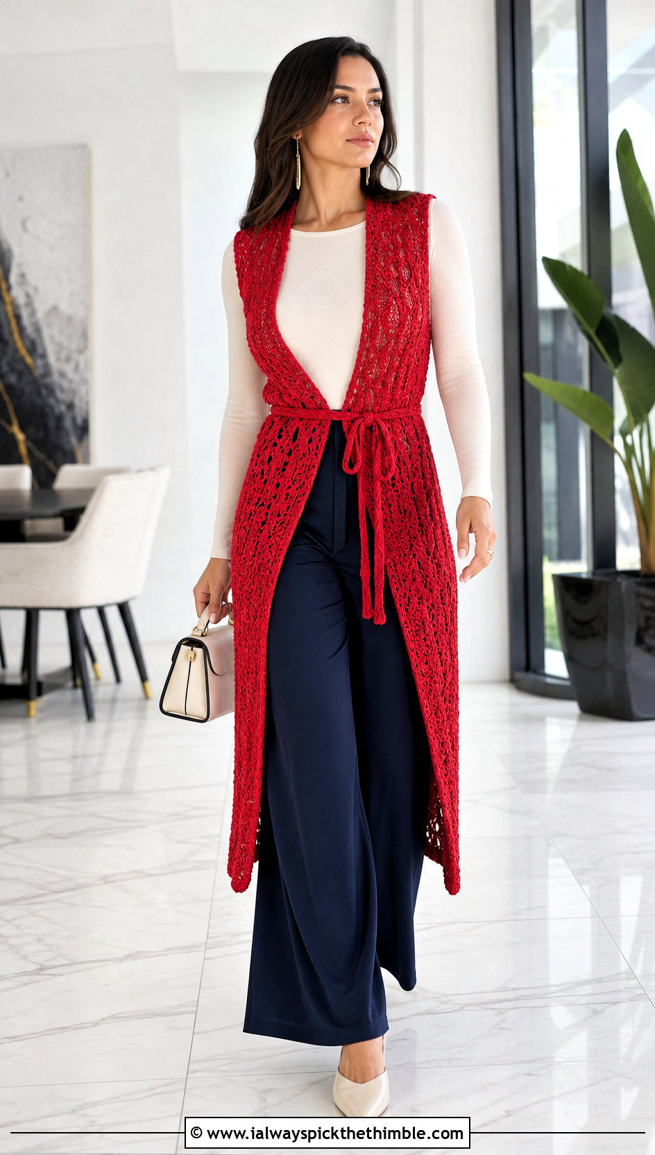 Belted Crochet Long Vest With Wide Leg Pants - 25 Crochet Long Vest outfit ideas