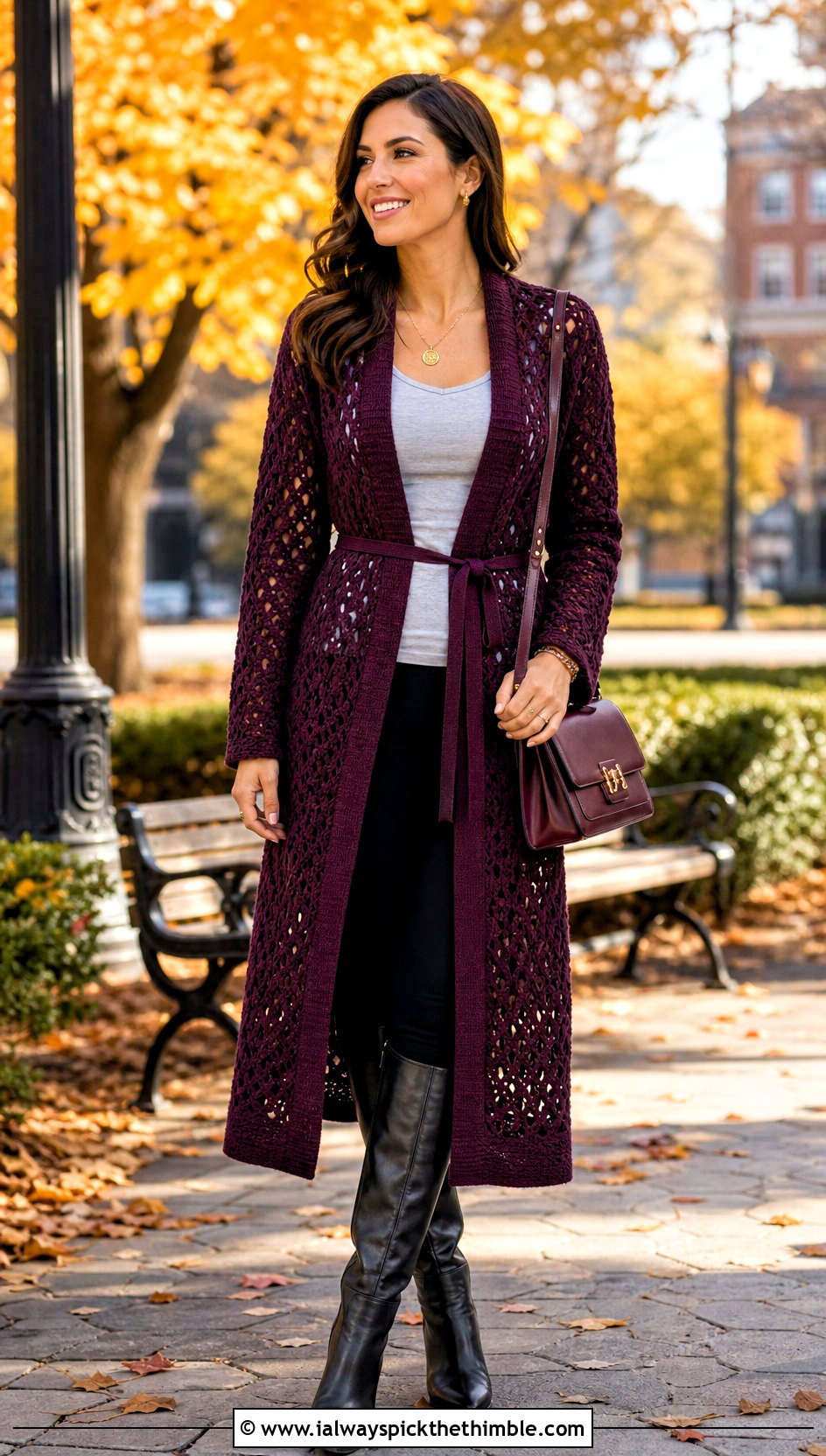 Belted Crochet Longline Cardigan With Knee High Boots - 20 Crochet Longline Cardigan outfit ideas