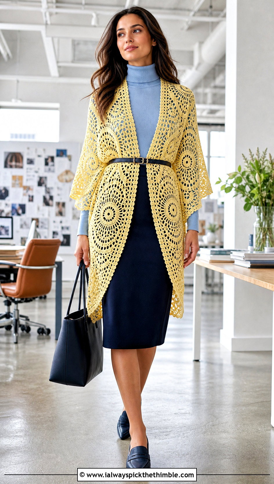 Belted Crochet Mandala Shawl With Pencil Skirt - 20 Crochet Mandala Shawl outfit ideas