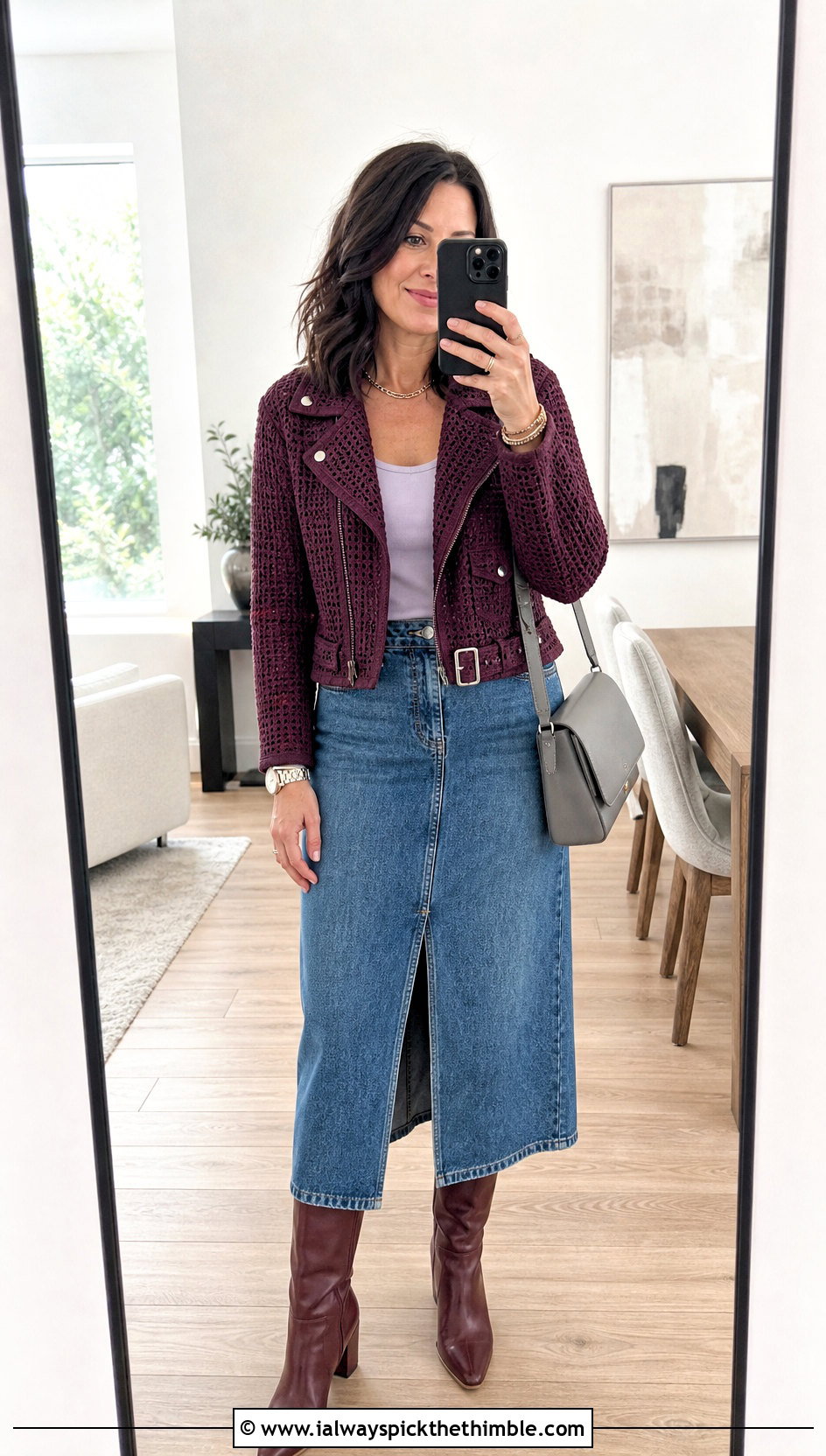 Belted Crochet Moto Jacket With Denim Midi Skirt - 15 Crochet Moto Jacket outfit ideas