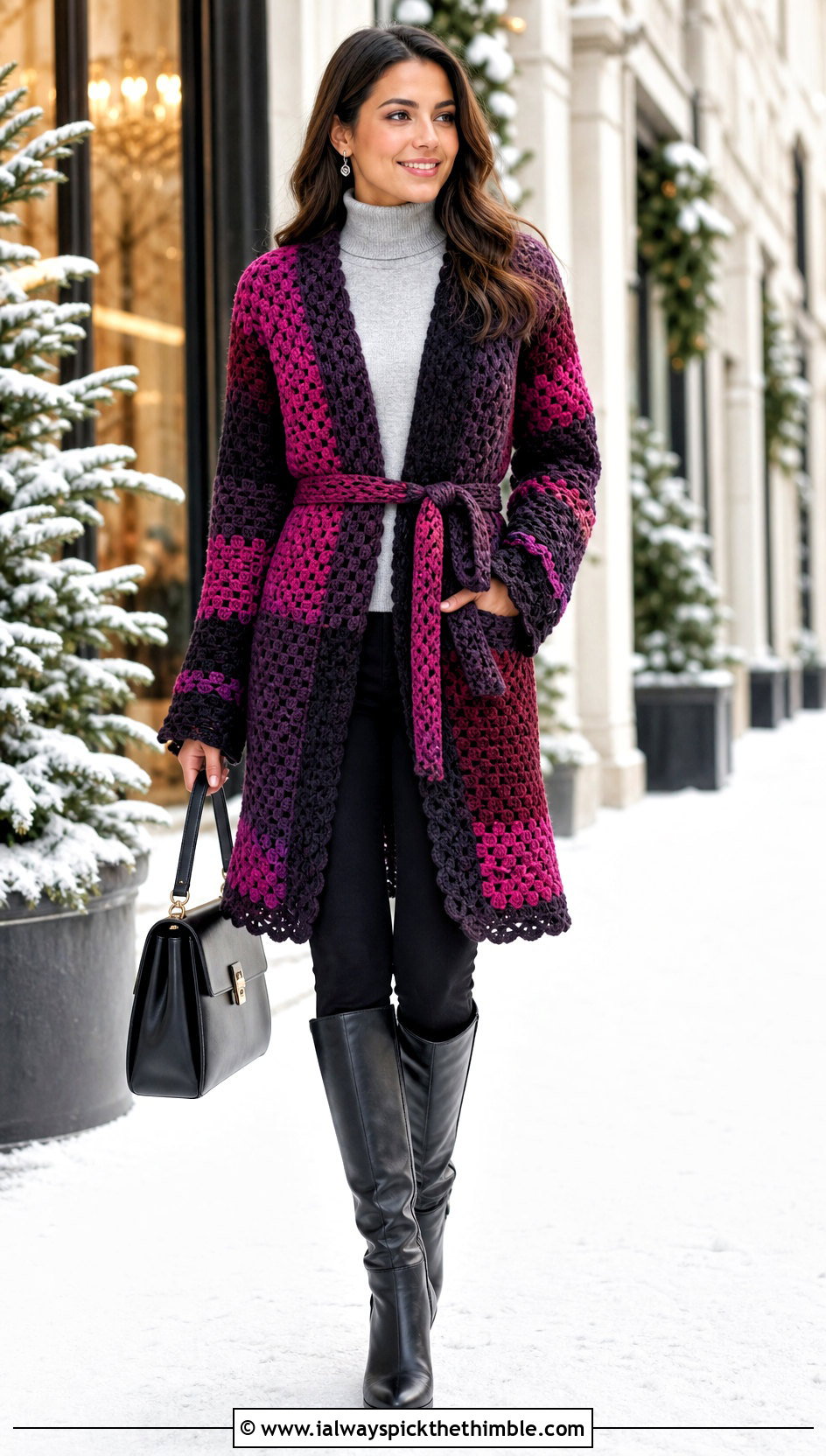 Belted Crochet Patchwork Cardigan With Knee High Boots - 25 crochet patchwork cardigan outfit ideas
