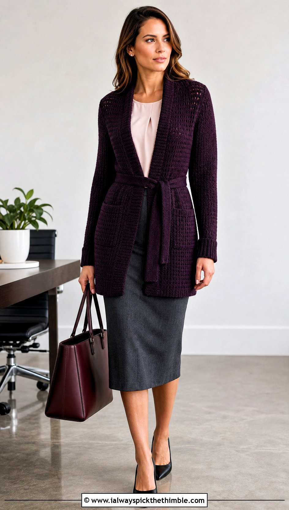 Belted Crochet Pocket Cardigan With Pencil Skirt - 20 crochet sweater with pockets outfit ideas