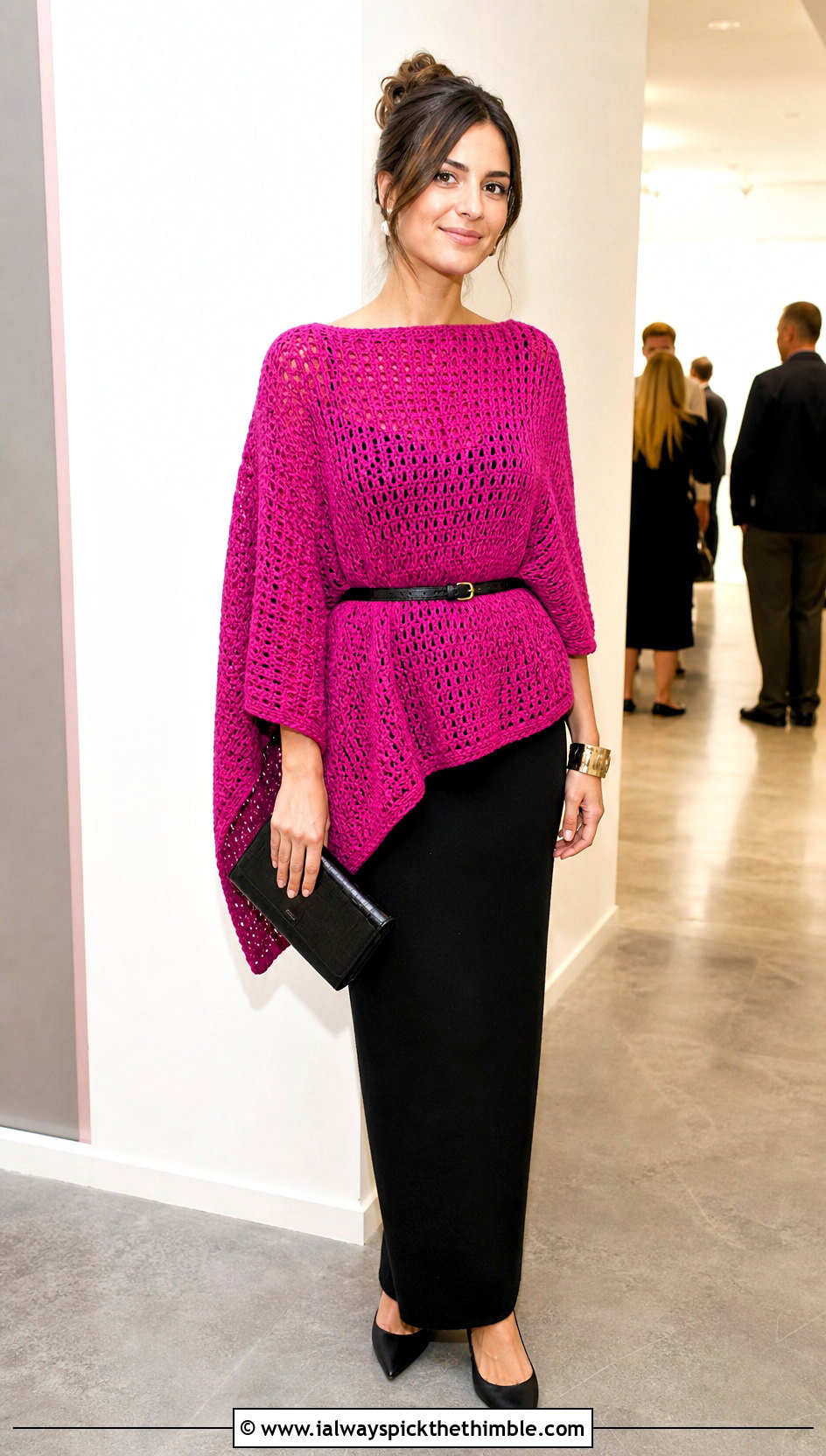 Belted Crochet Poncho Sweater With Column Dress - 25 crochet poncho sweater outfit ideas