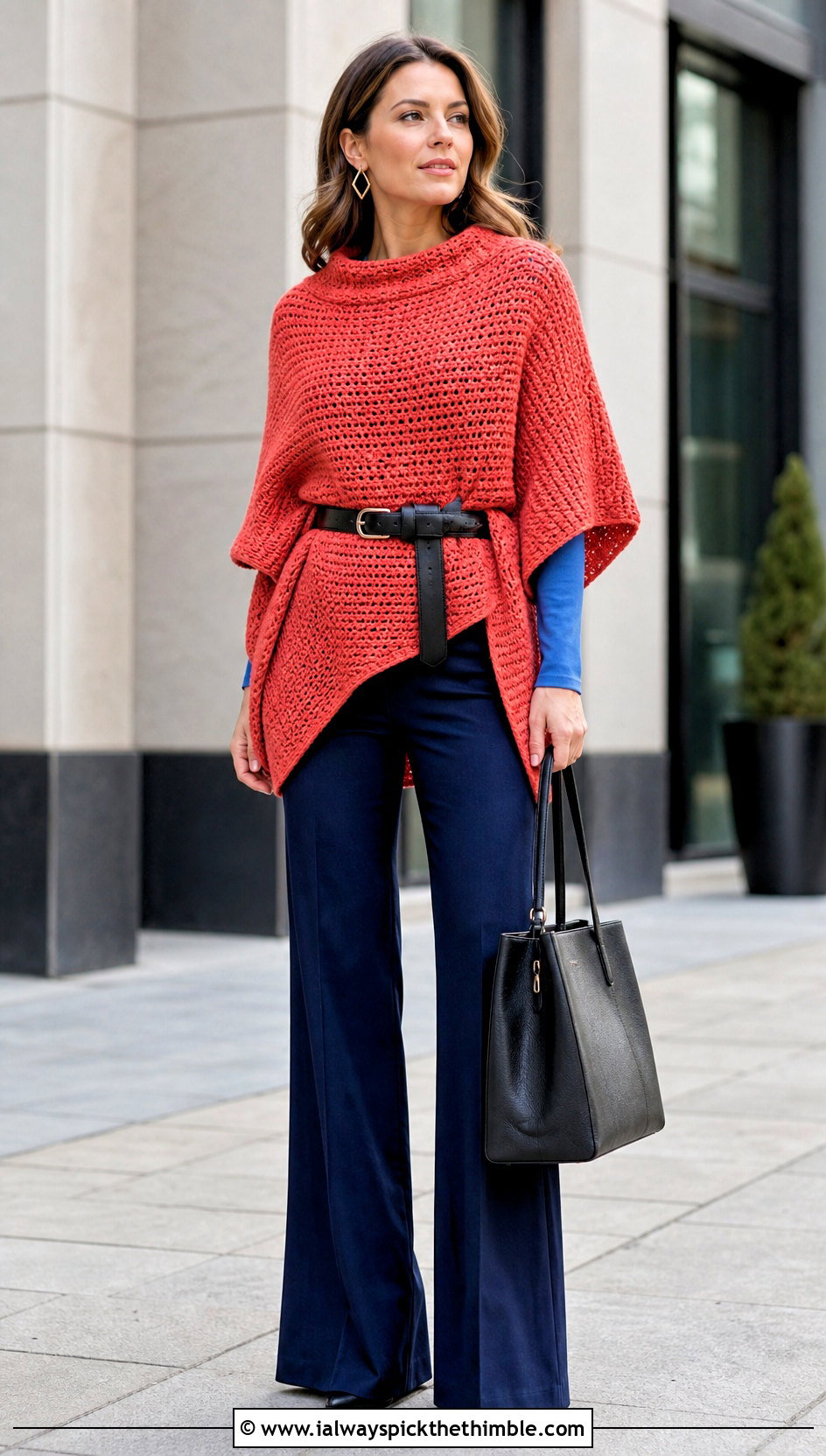 Belted Crochet Poncho With Bootcut Trousers - 20 woman winter crochet poncho outfit ideas