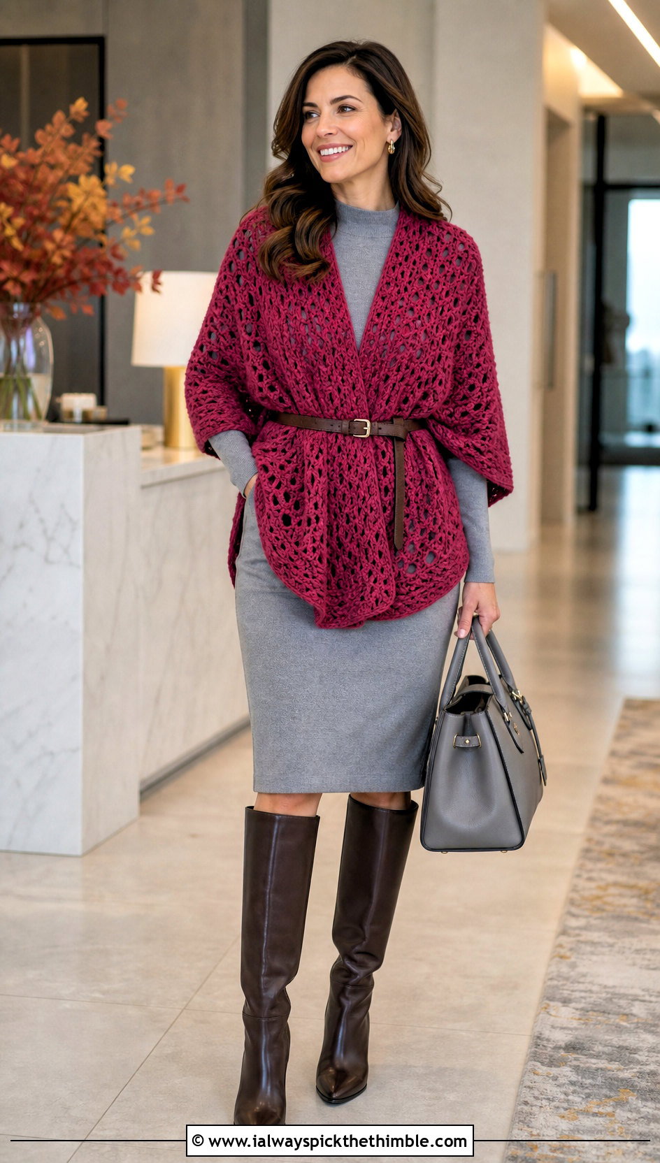 Belted Crochet Poncho With Knee High Boots - 25 crochet ponchos outfit ideas