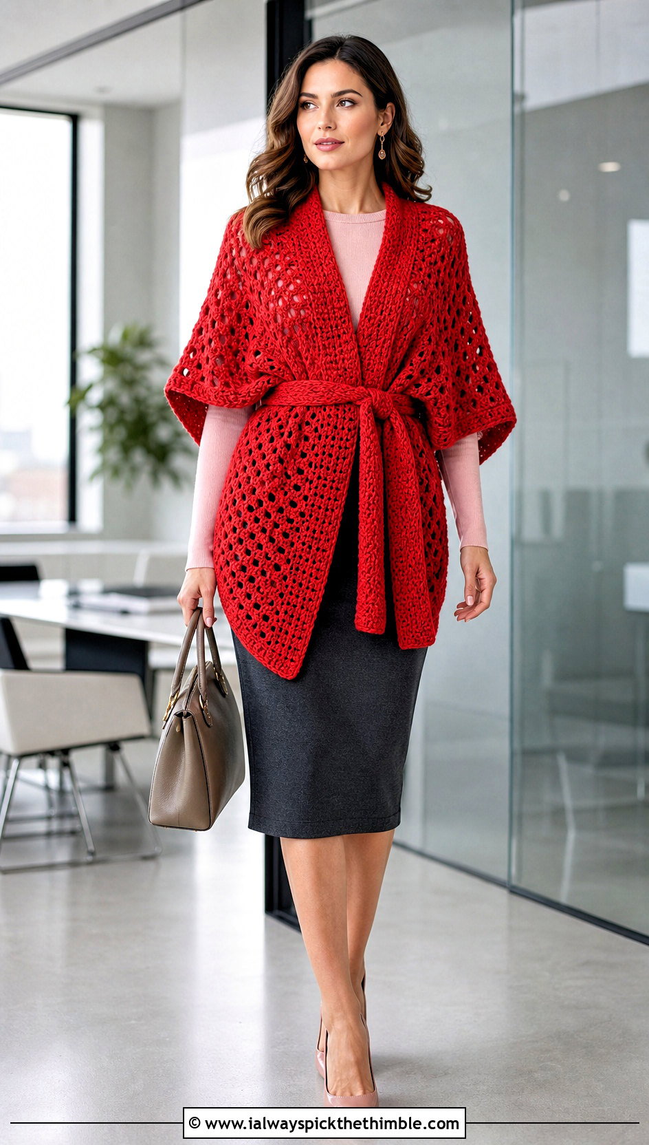Belted Crochet Poncho With Pencil Skirt - 25 easy crochet poncho woman outfit ideas