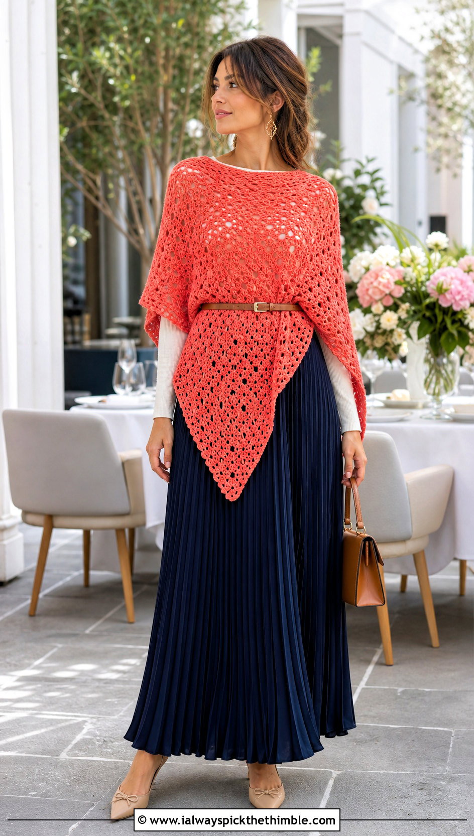 Belted Crochet Poncho With Pleated Maxi Skirt - 20 Crochet Fall Poncho outfit ideas