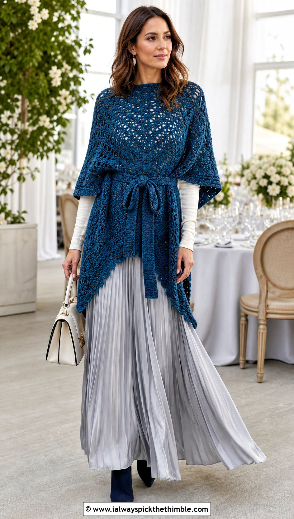 Belted Crochet Poncho With Pleated Maxi Skirt - 20 Beginner Crochet Poncho outfit ideas