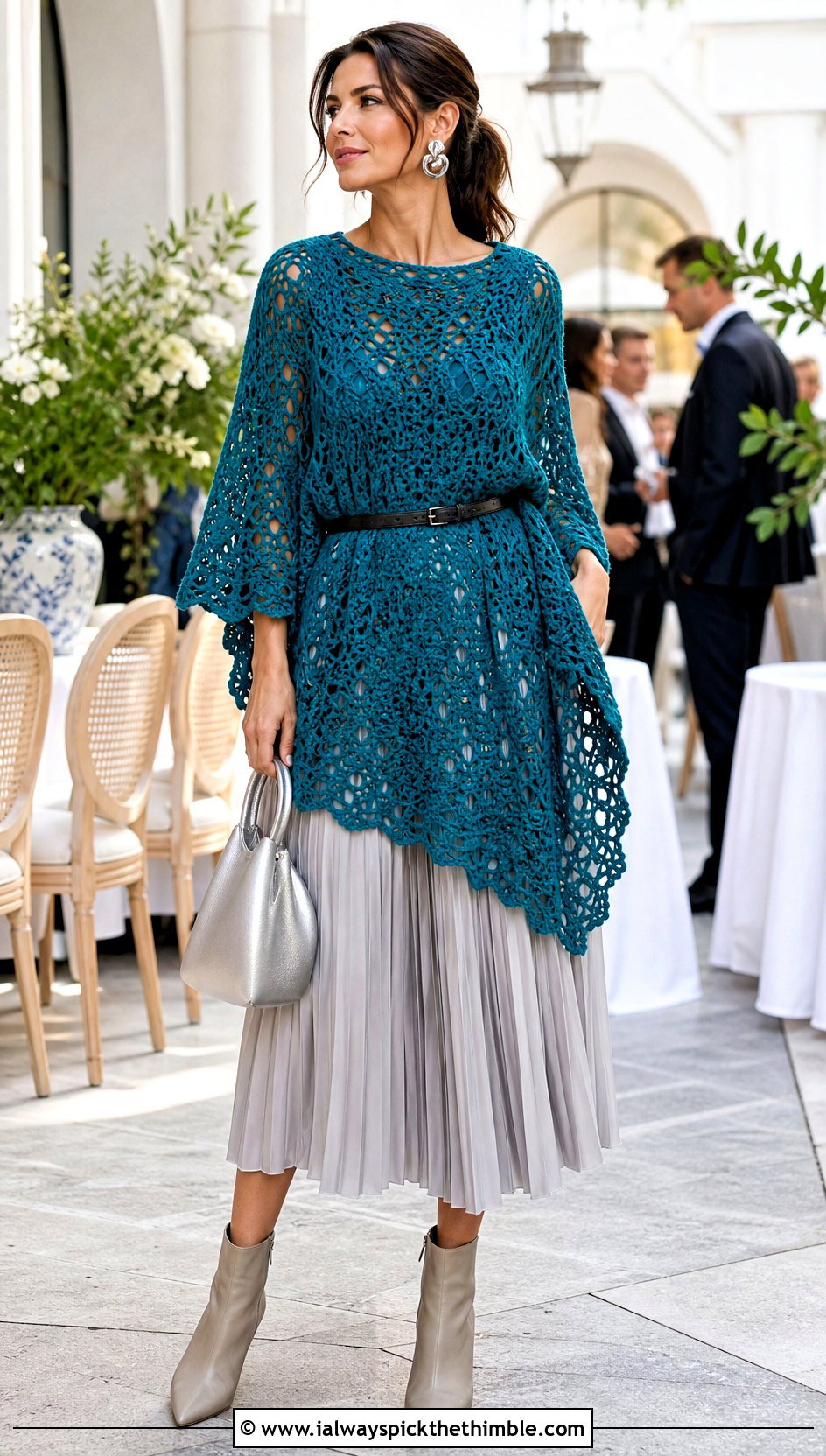Belted Crochet Poncho With Pleated Midi Skirt - 20 crochet poncho for women outfit ideas