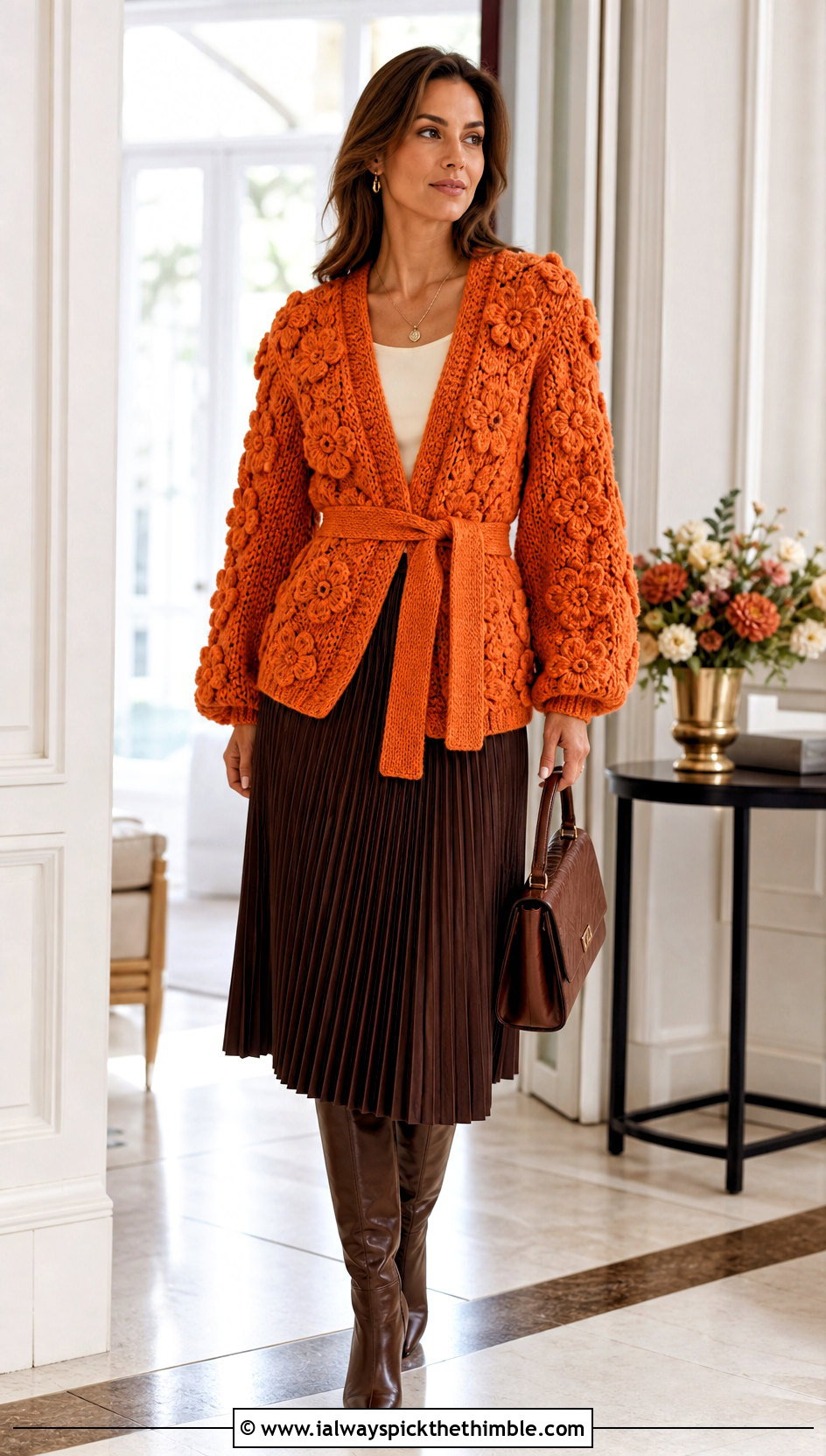 Belted Crochet Puff Flower Cardigan With Pleated Midi Skirt - 15 Crochet Puff Flower Cardigan outfit ideas