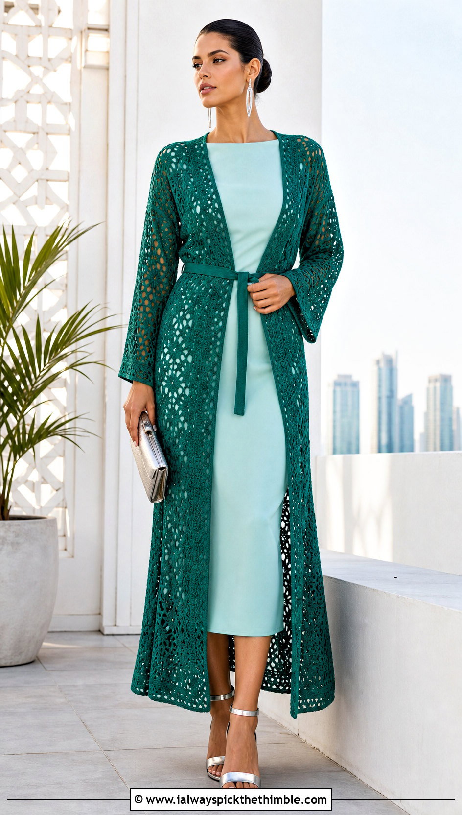 Belted Crochet Robe Cover Up With Column Dress - 20 Cute Crochet Cover Up outfit ideas