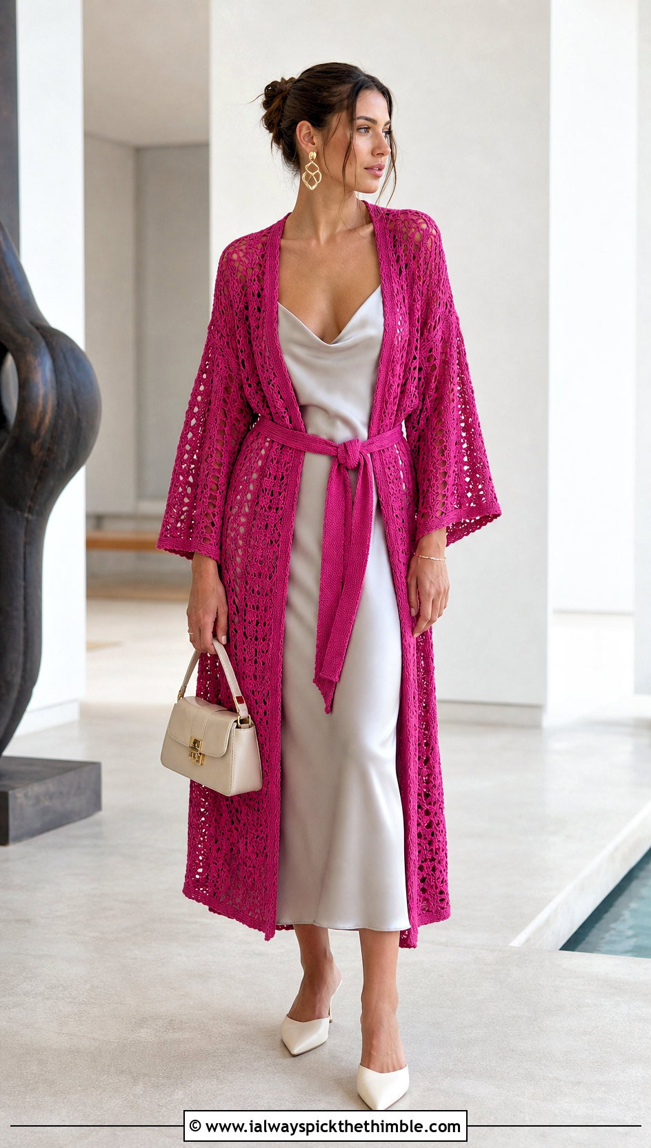 Belted Crochet Robe Coverup With Satin Slip Dress - 25 crochet coverup outfit ideas
