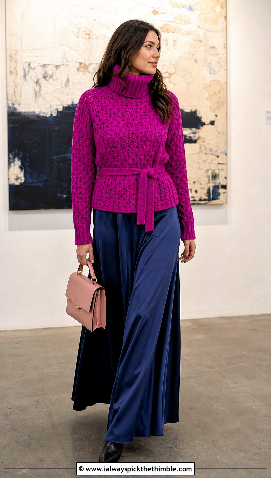 Belted Crochet Roll Neck Sweater With Maxi Skirt - 20 Crochet Roll Neck Sweater outfit ideas