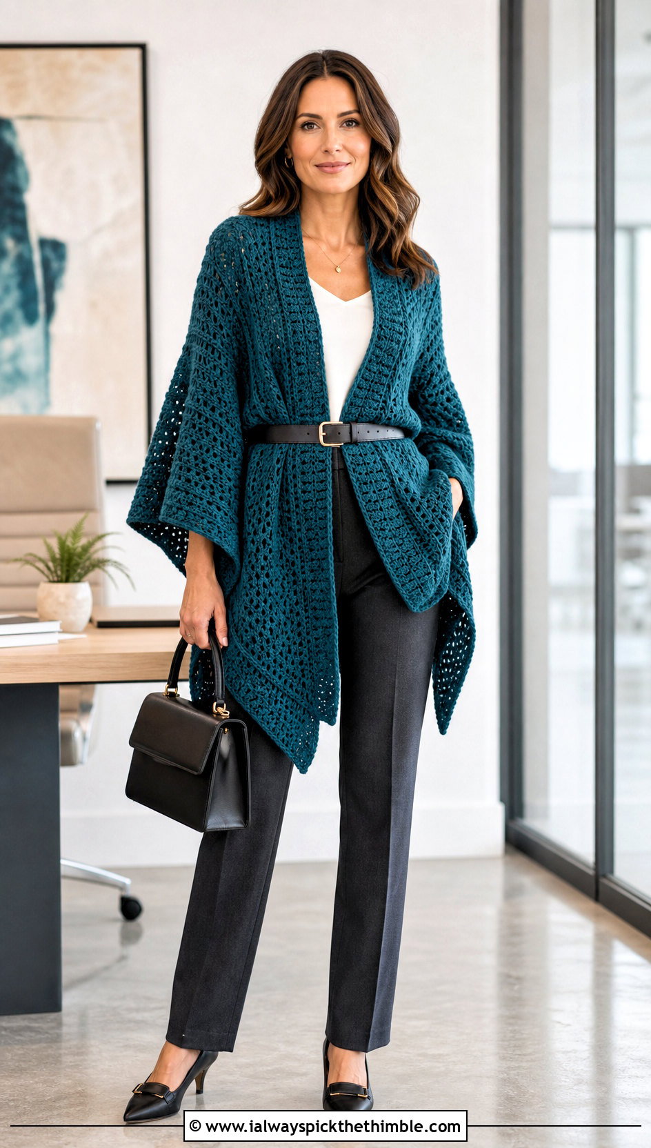 Belted Crochet Ruana With Tailored Trousers - 25 crochet ruana outfit ideas