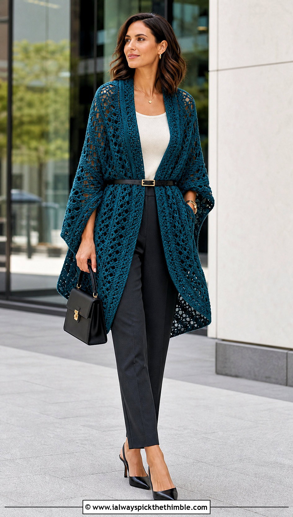 Belted Crochet Ruana With Tailored Trousers - 15 easy crochet ruana outfit ideas