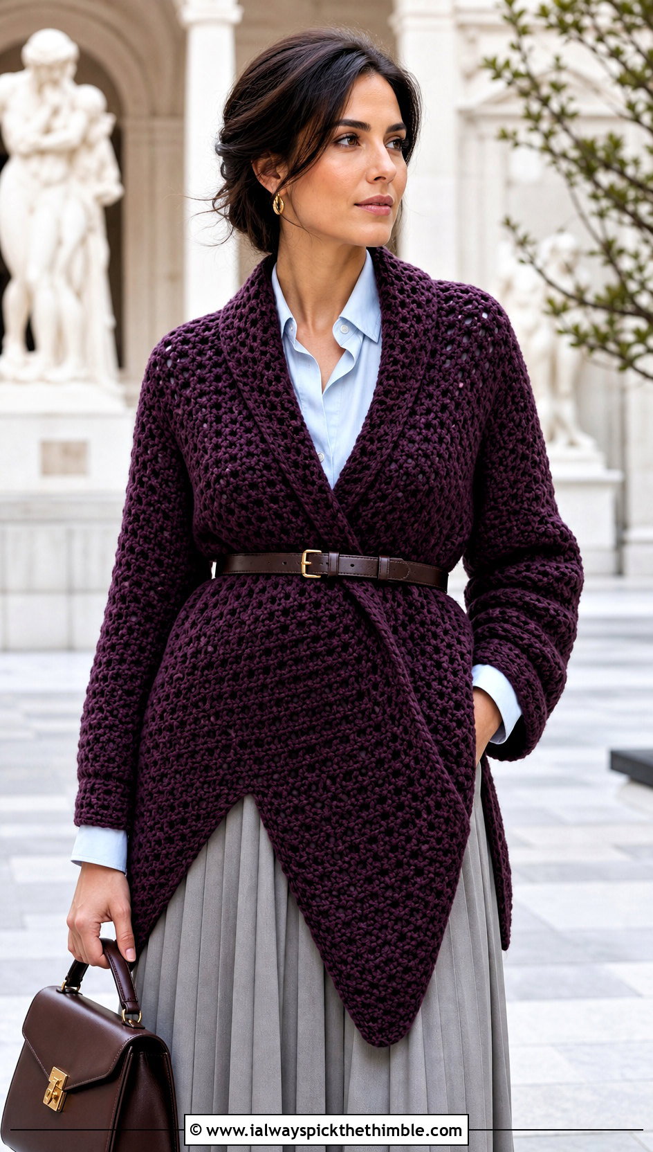 Belted Crochet Scarf With Sleeves And Pleated Midi Skirt - 15 Crochet For Scarf With Sleeves outfit ideas