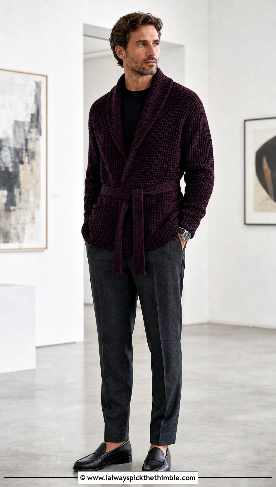 Belted Crochet Shawl Collar Cardigan With Dress Pants - 20 Mens Crochet Shawl Collar Cardigan outfit ideas