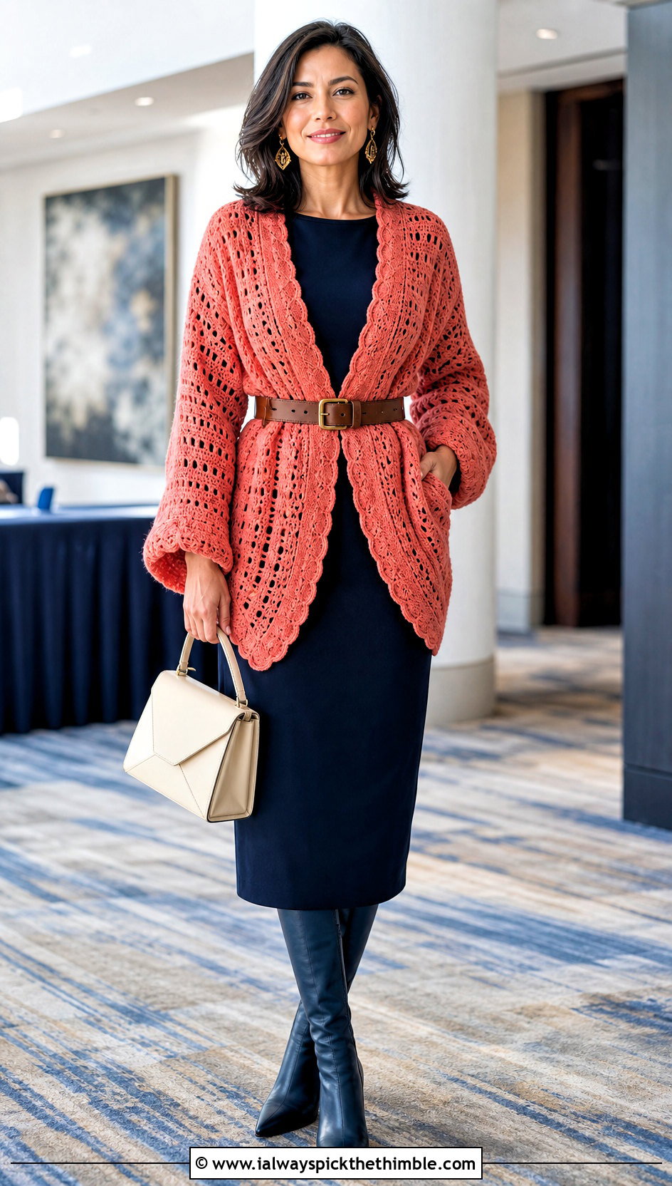 Belted Crochet Shawl Sweater With Column Dress - 20 crochet shawl sweater outfit ideas