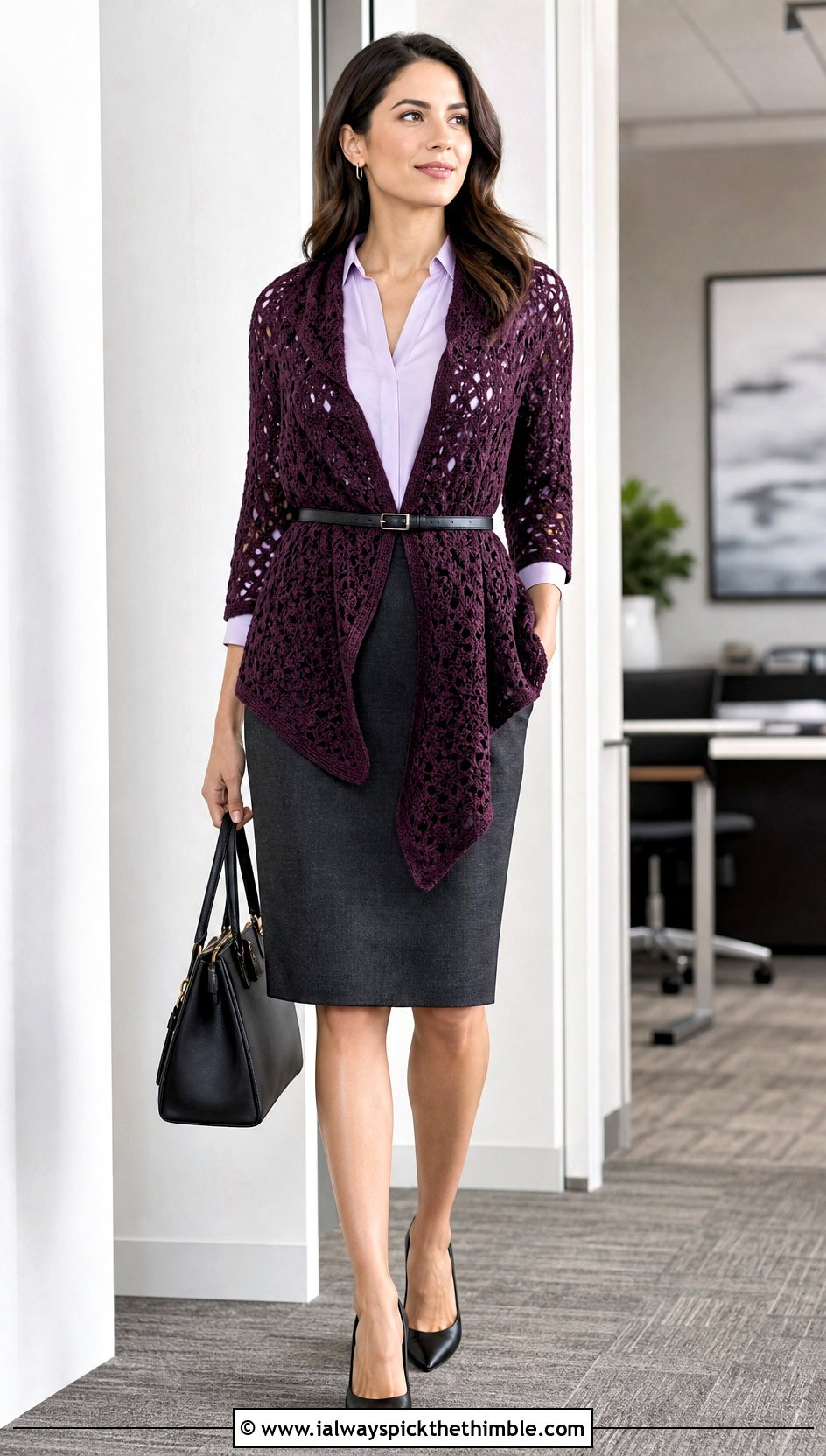 Belted Crochet Shawl With Sleeves And Pencil Skirt - 25 crochet shawl with sleeves outfit ideas