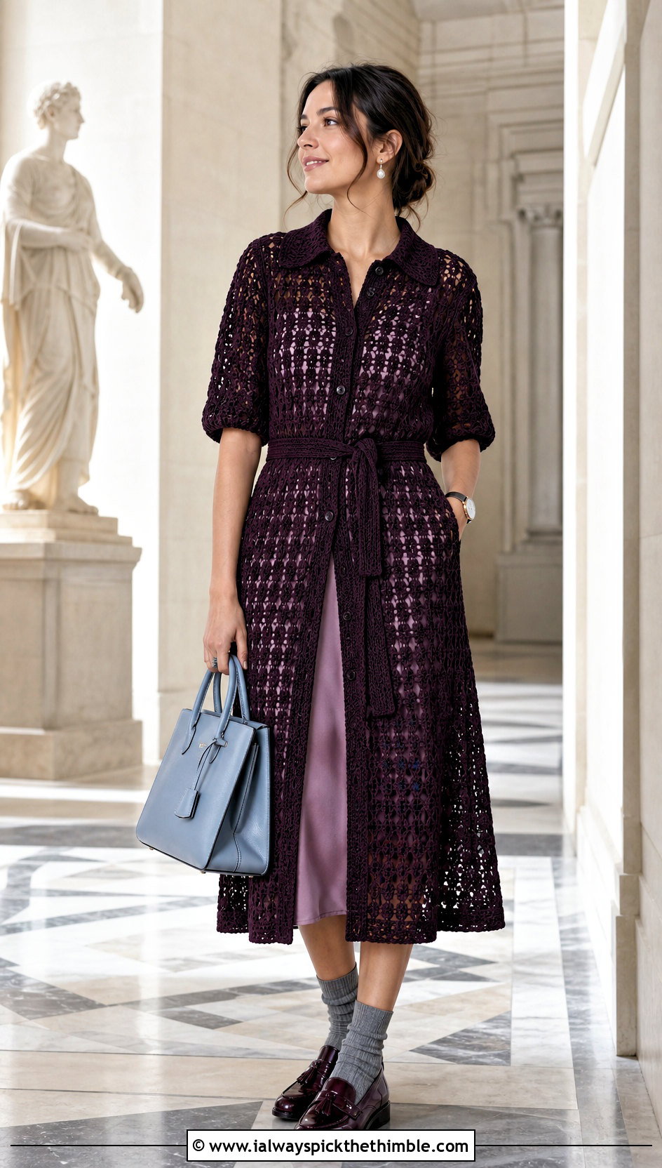 Belted Crochet Shirt Dress With Loafers - 25 crochet shirt dress outfit ideas