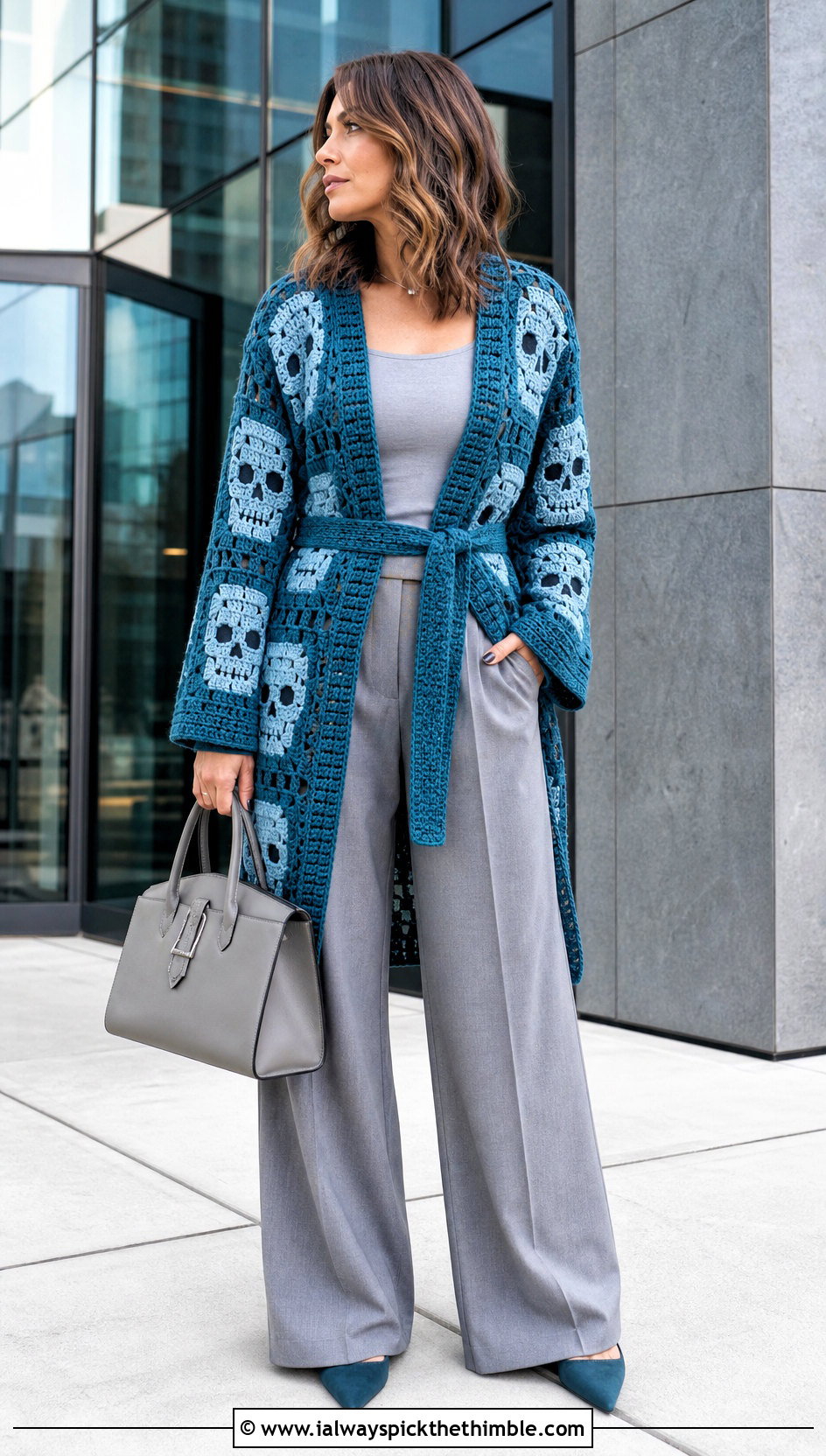 Belted Crochet Skull Granny Square Cardigan With Wide Leg Trousers - 20 crochet skull granny square cardigan outfit ideas