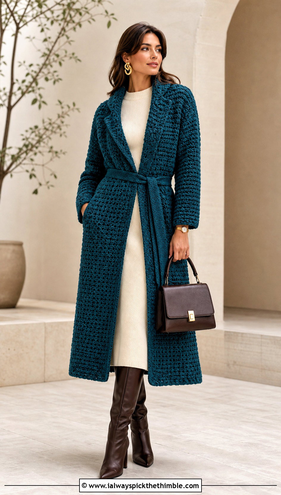 Belted Crochet Sweater Coat With A Knit Dress And Boots - 20 Crochet Sweater Coat outfit ideas