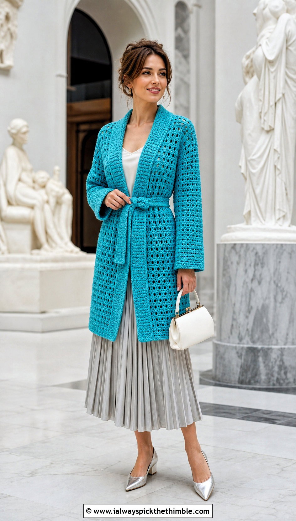 Belted Crochet Sweater Jacket With Pleated Skirt - 20 Crochet Sweater Jacket outfit ideas