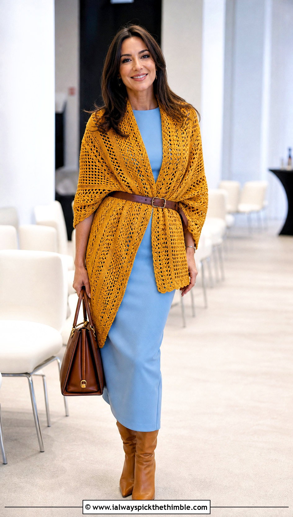 Belted Crochet Sweater Scarf Wrap With Column Dress - 20 crochet scarf sweater wrap outfit ideas