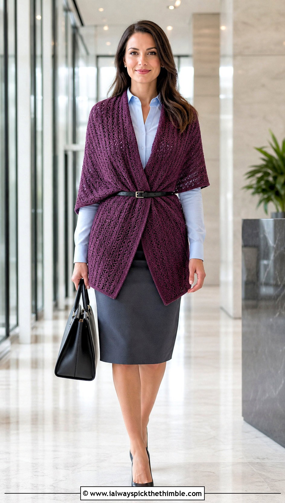 Belted Crochet Sweater Shawl With A Pencil Skirt - 20 crochet sweater shawl outfit ideas