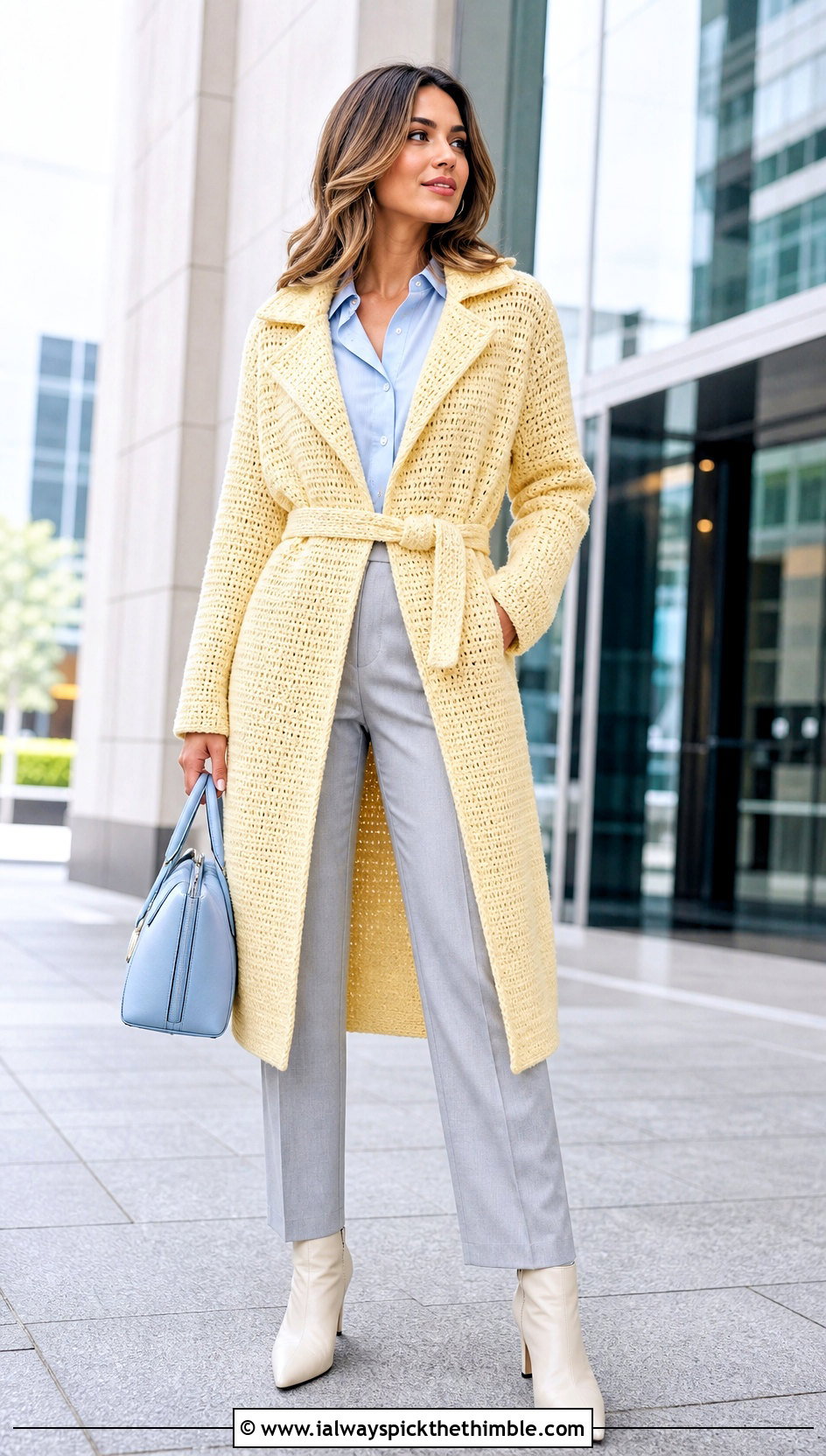 Belted Crochet Trench Coat With Tailored Trousers - 25 crochet coat outfit ideas