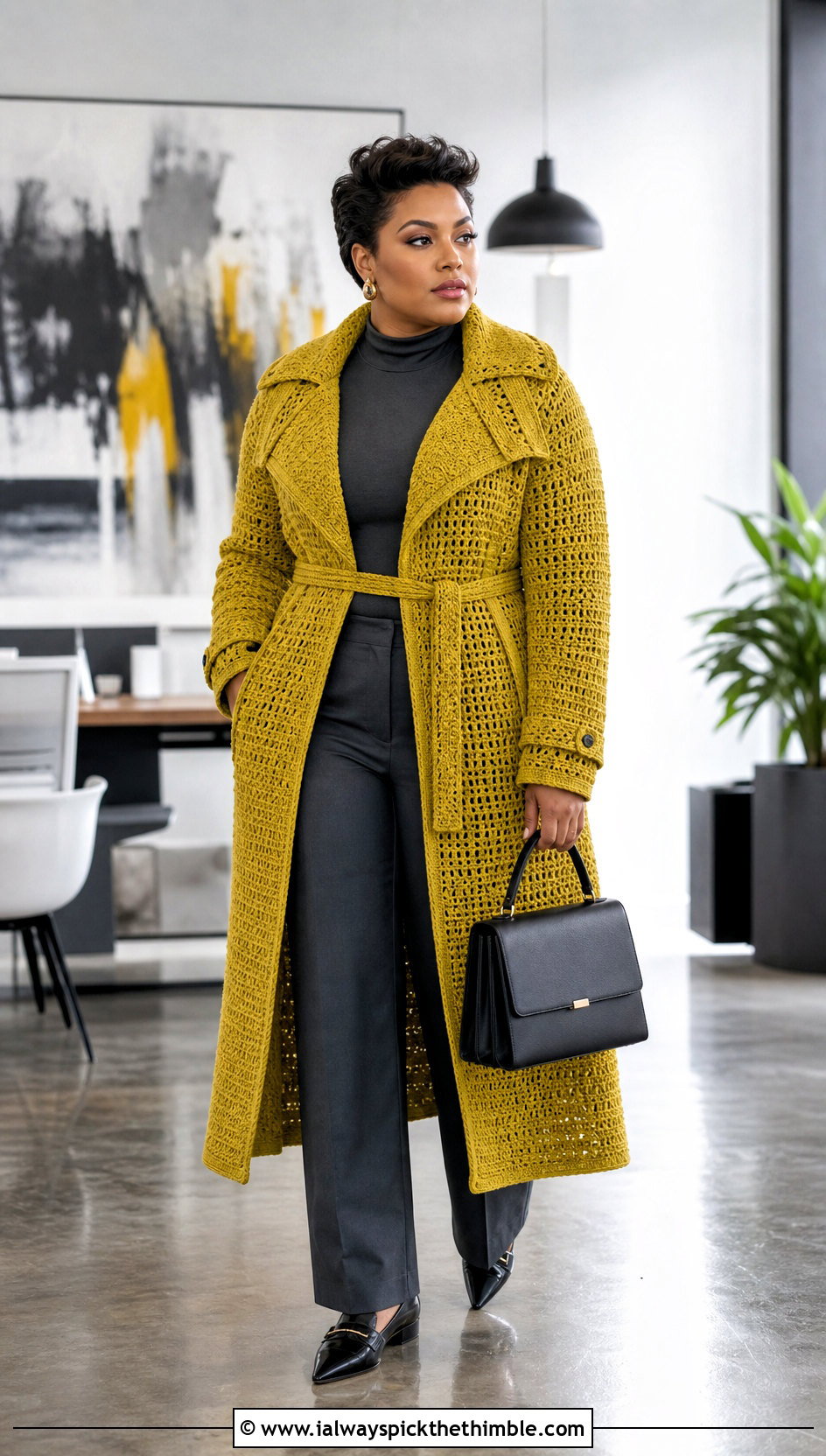 Belted Crochet Trench Coat With Tailored Trousers - 20 crochet coat ideas
