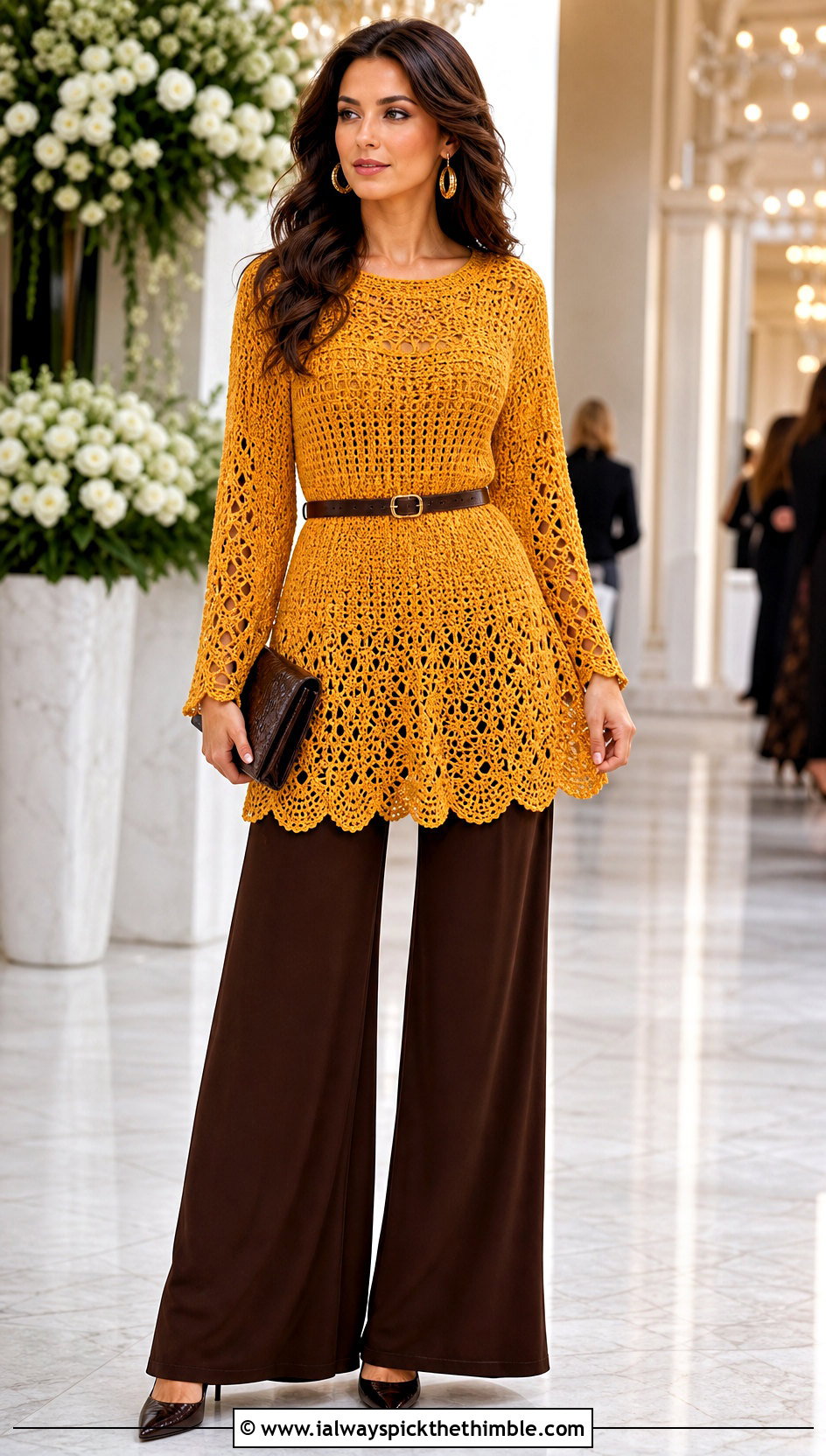 Belted Crochet Tunic With Wide Leg Trousers - 25 crochet tunic outfit ideas