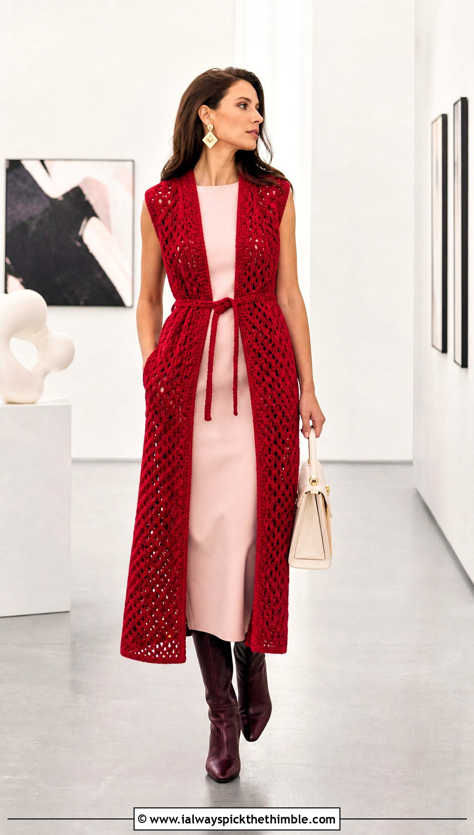 Belted Crochet Waistcoat With Column Dress - 25 crochet waistcoat outfit ideas