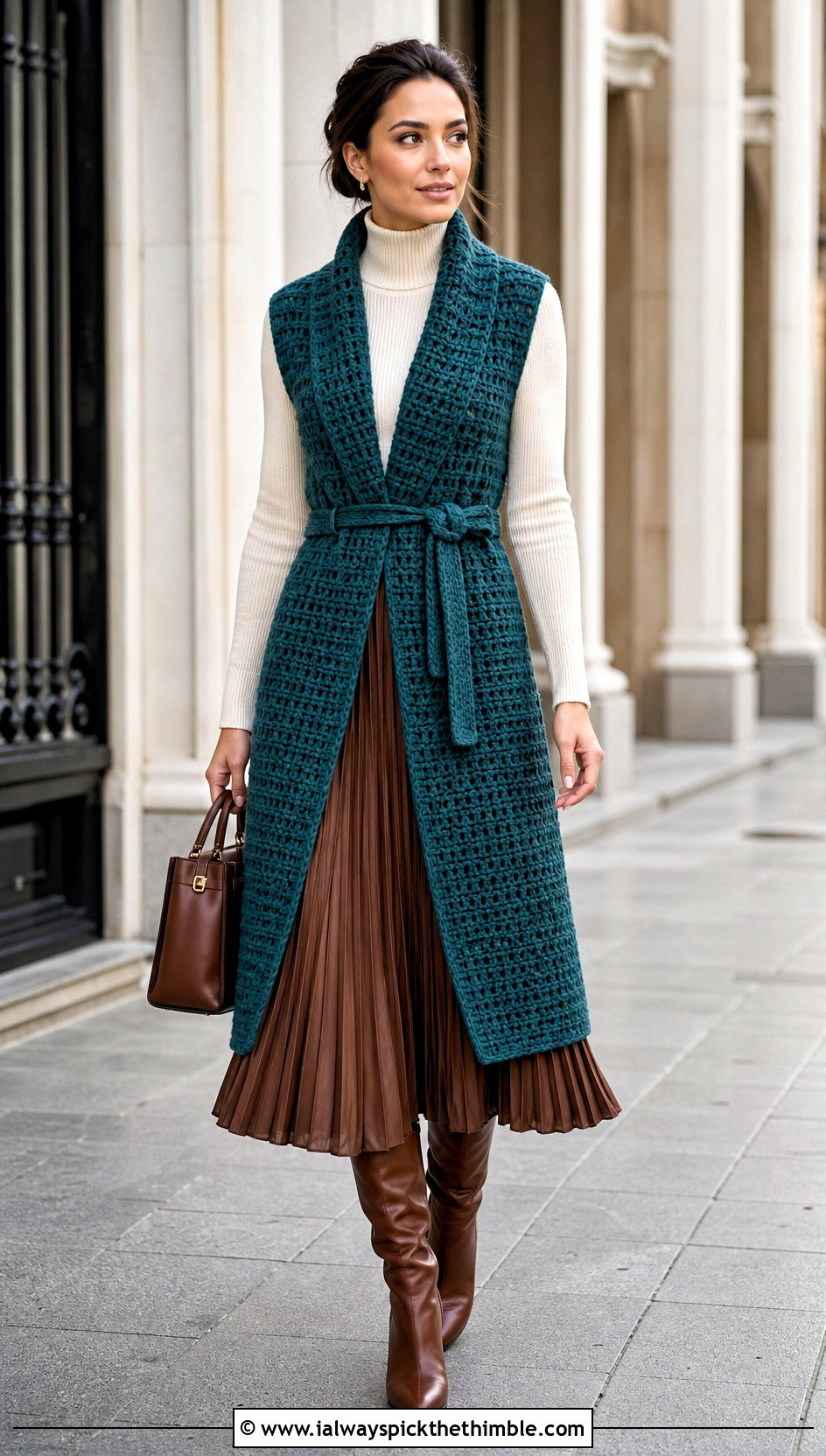 Belted Crochet Waistcoat With Pleated Midi Skirt - 20 ladies crochet waistcoat outfit ideas