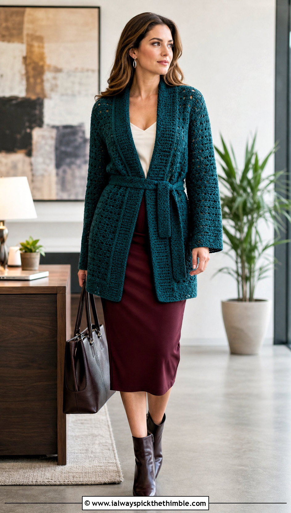 Belted Crochet Wrap Cardigan With Pencil Skirt - 20 Autumn Crochet Cardigan outfit ideas