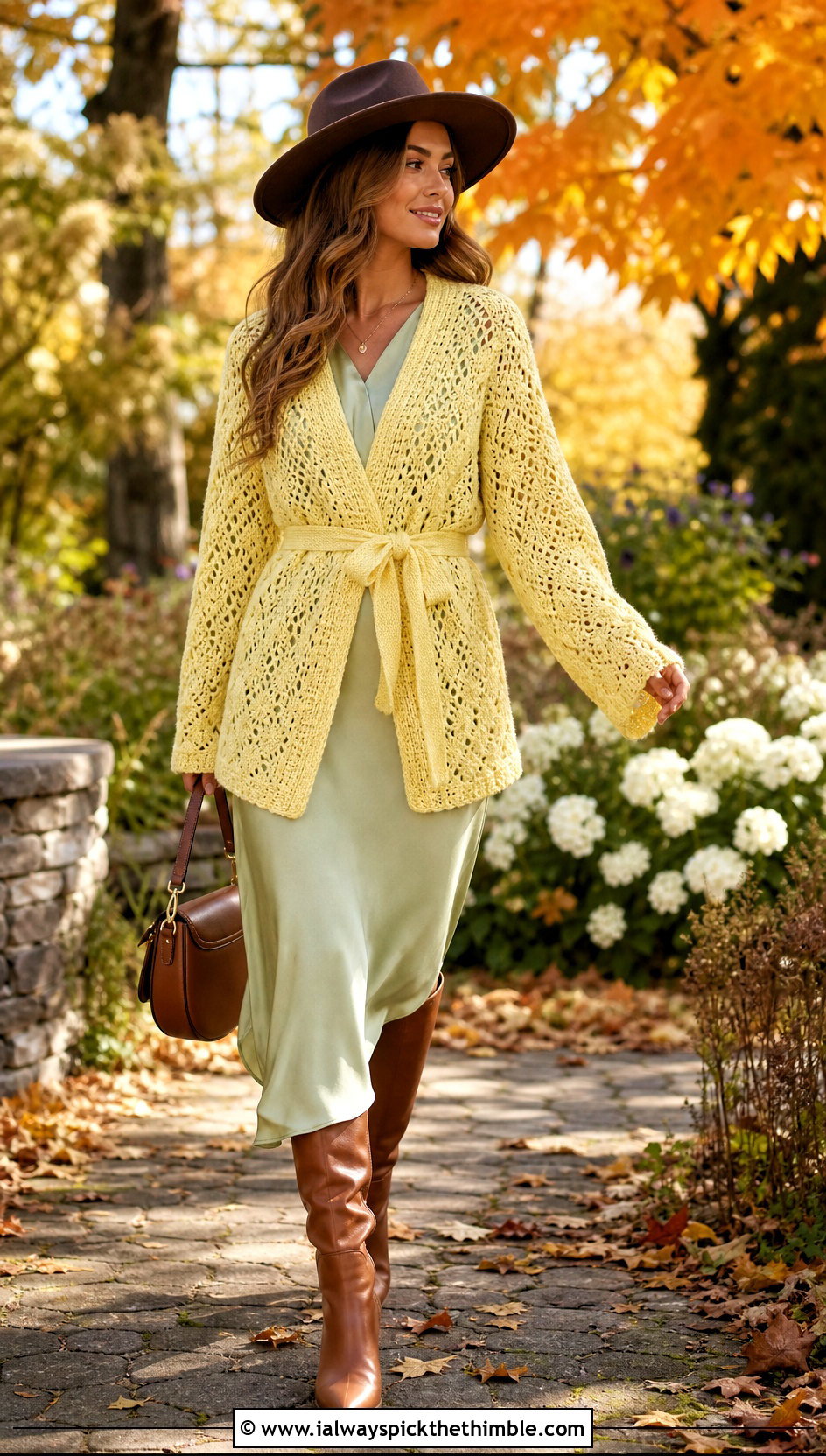 Belted Crochet Wrap Cardigan With Wide Brim Hat and Midi Dress - 15 Crochet Cardigan With Hat outfit ideas