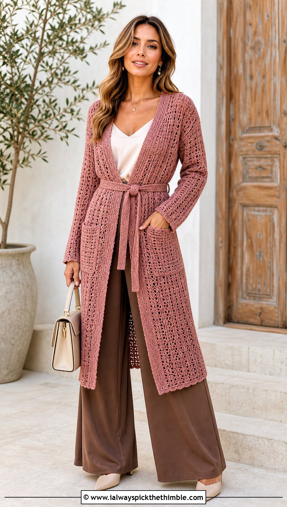 Belted Crochet Wrap Cardigan With Wide Leg Pants - 15 crochet long cardigan with pockets outfit ideas