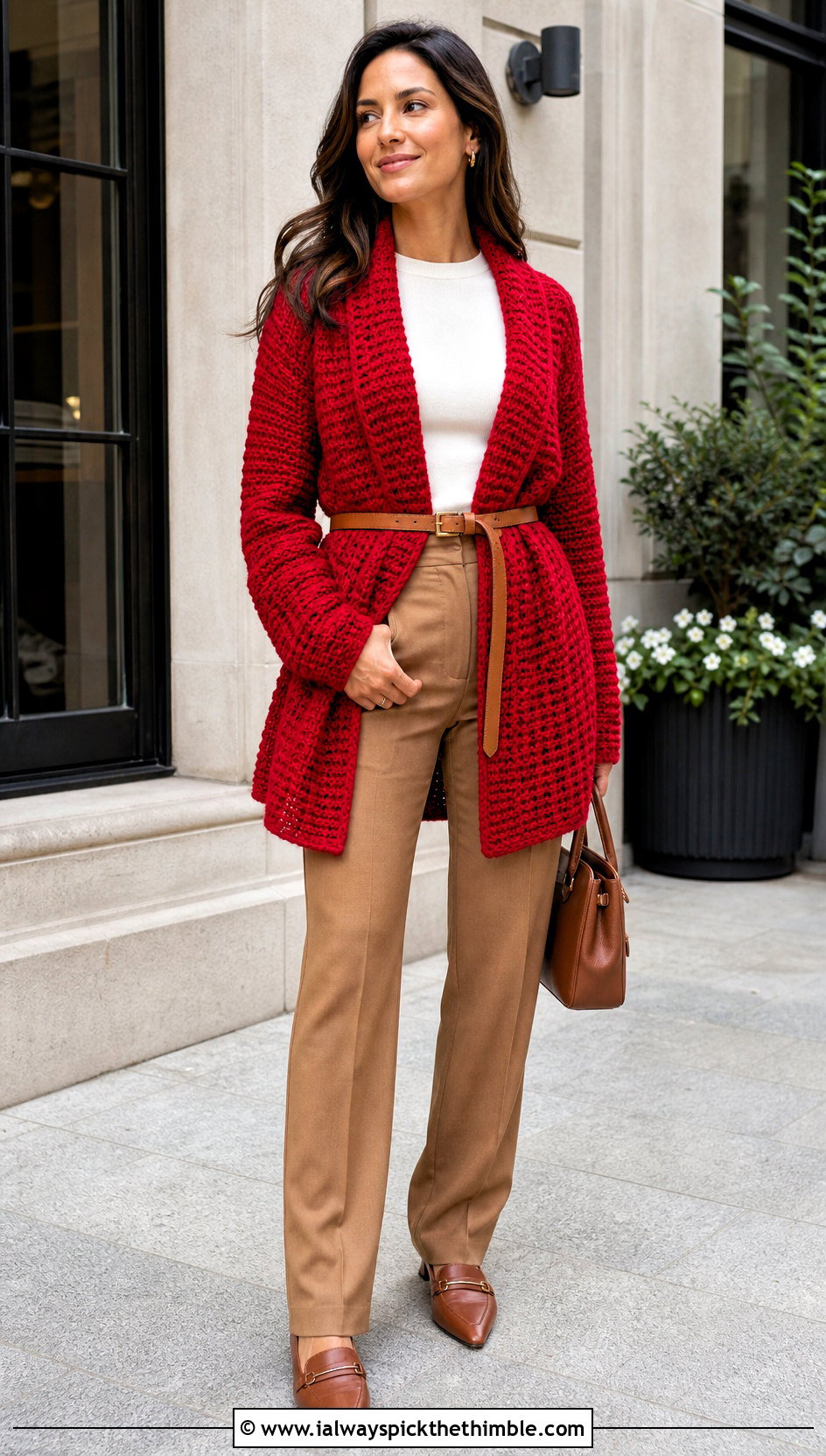 Belted Crochet Wrap With Straight Leg Pants - 25 crochet wrap outfit ideas