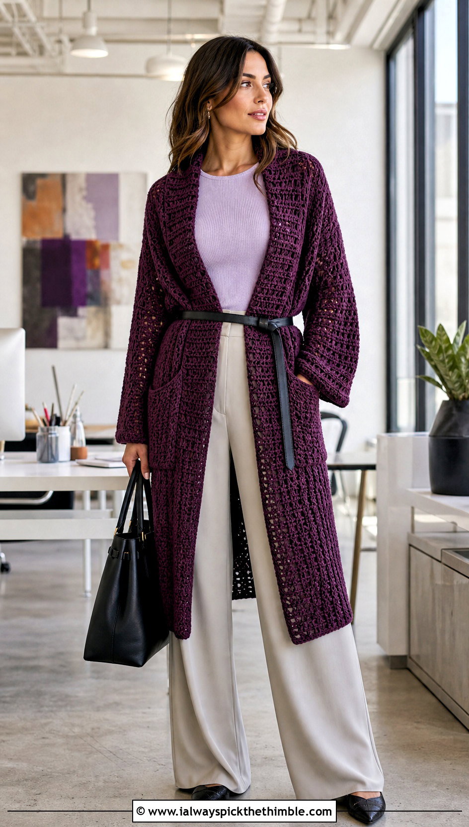 Belted Crochet Wrap With Wide Leg Trousers - 25 crochet wrap with pockets outfit ideas