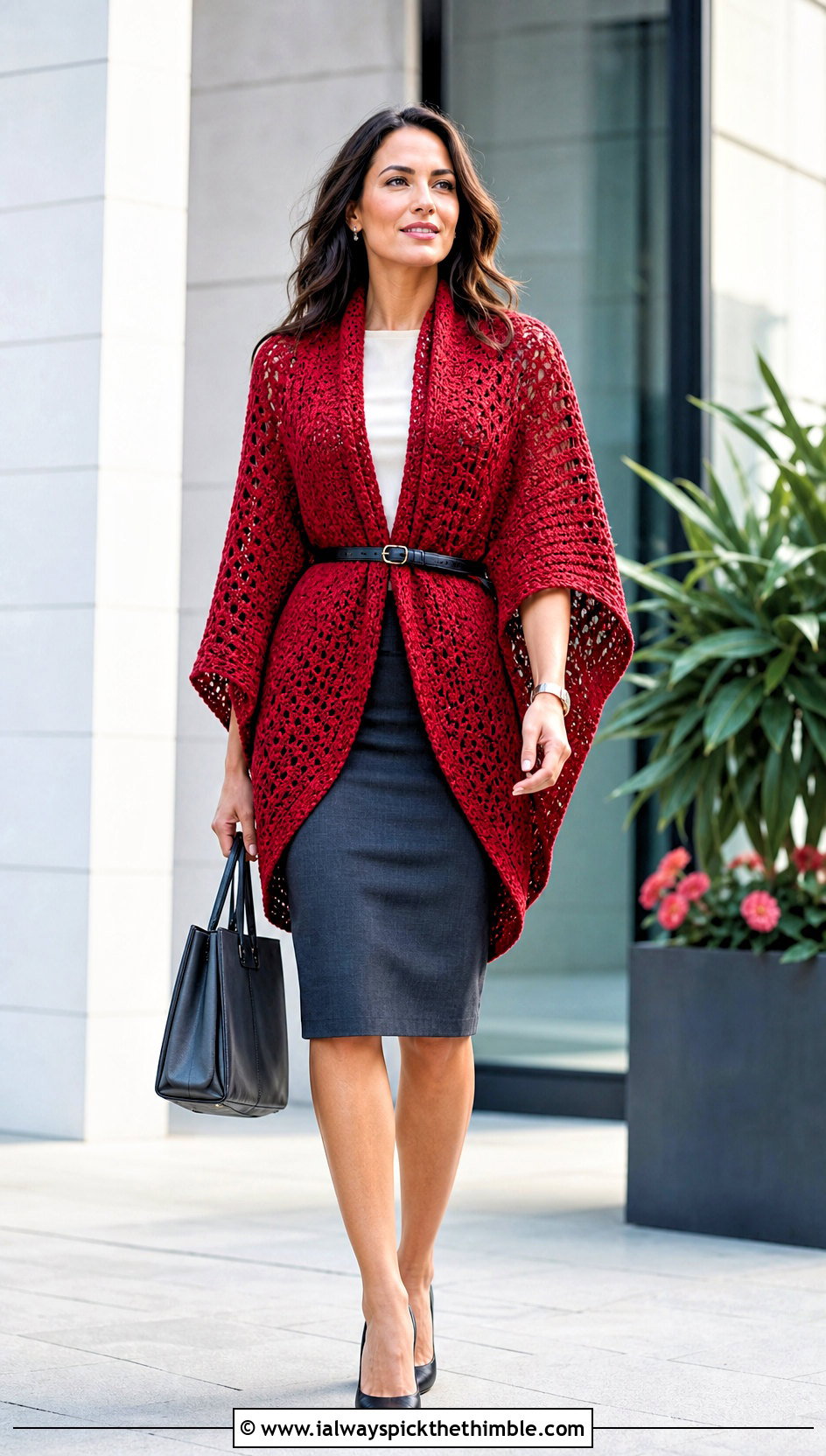 Belted Crocheted Ruana With Pencil Skirt - 20 Crocheted Ruana outfit ideas