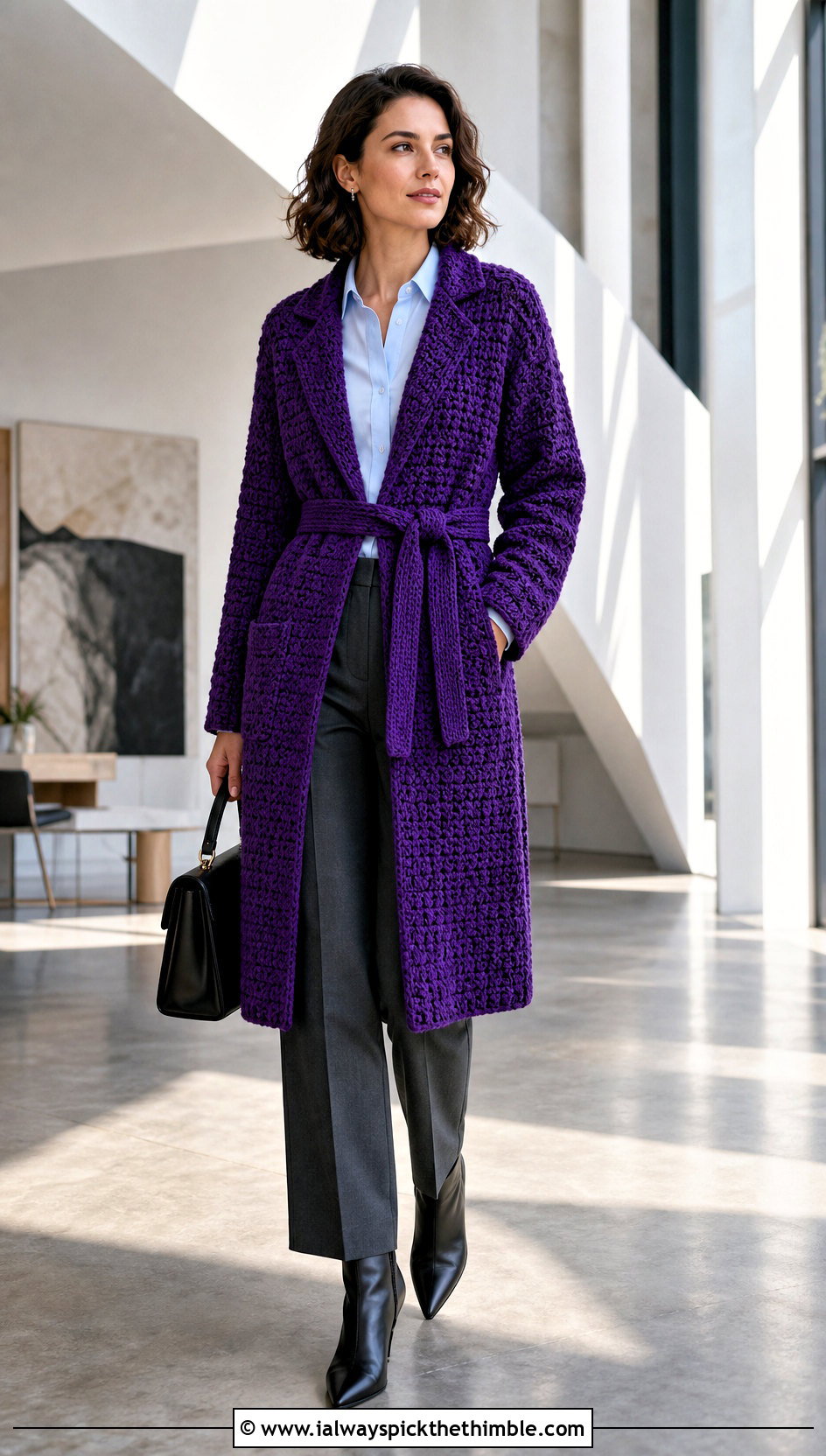 Belted Crocheted Sweater Coat With Tailored Trousers - 15 colorful crocheted sweater coat outfit ideas