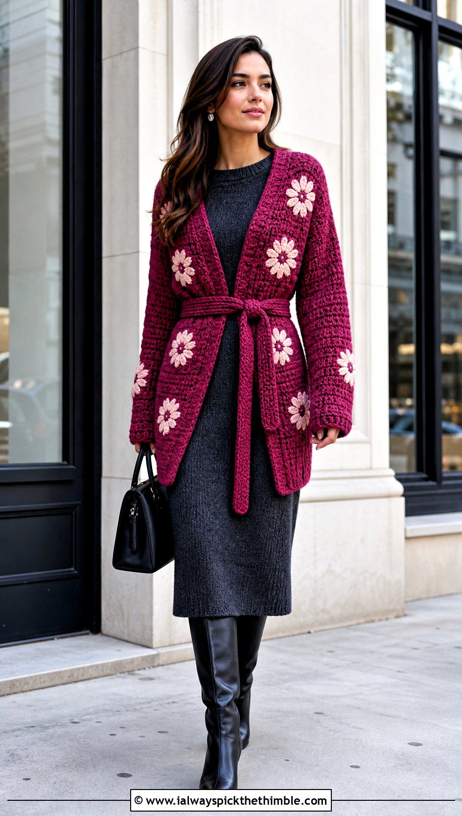 Belted Daisy Cardigan With Knit Dress - 25 Crochet Daisy Cardigan outfit ideas