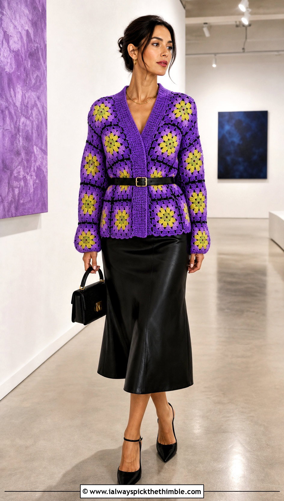 Belted Daisy Granny Square Cardigan With Leather Midi Skirt - 20 Daisy Granny Square Cardigan outfit ideas