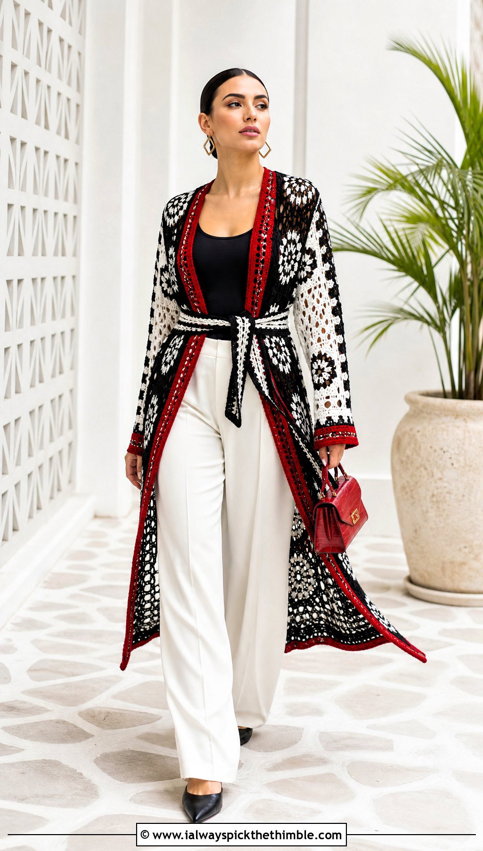 Belted Duster Black White Crochet Cardigan With Bodysuit And Trousers - 20 Black White Crochet Cardigan outfit ideas