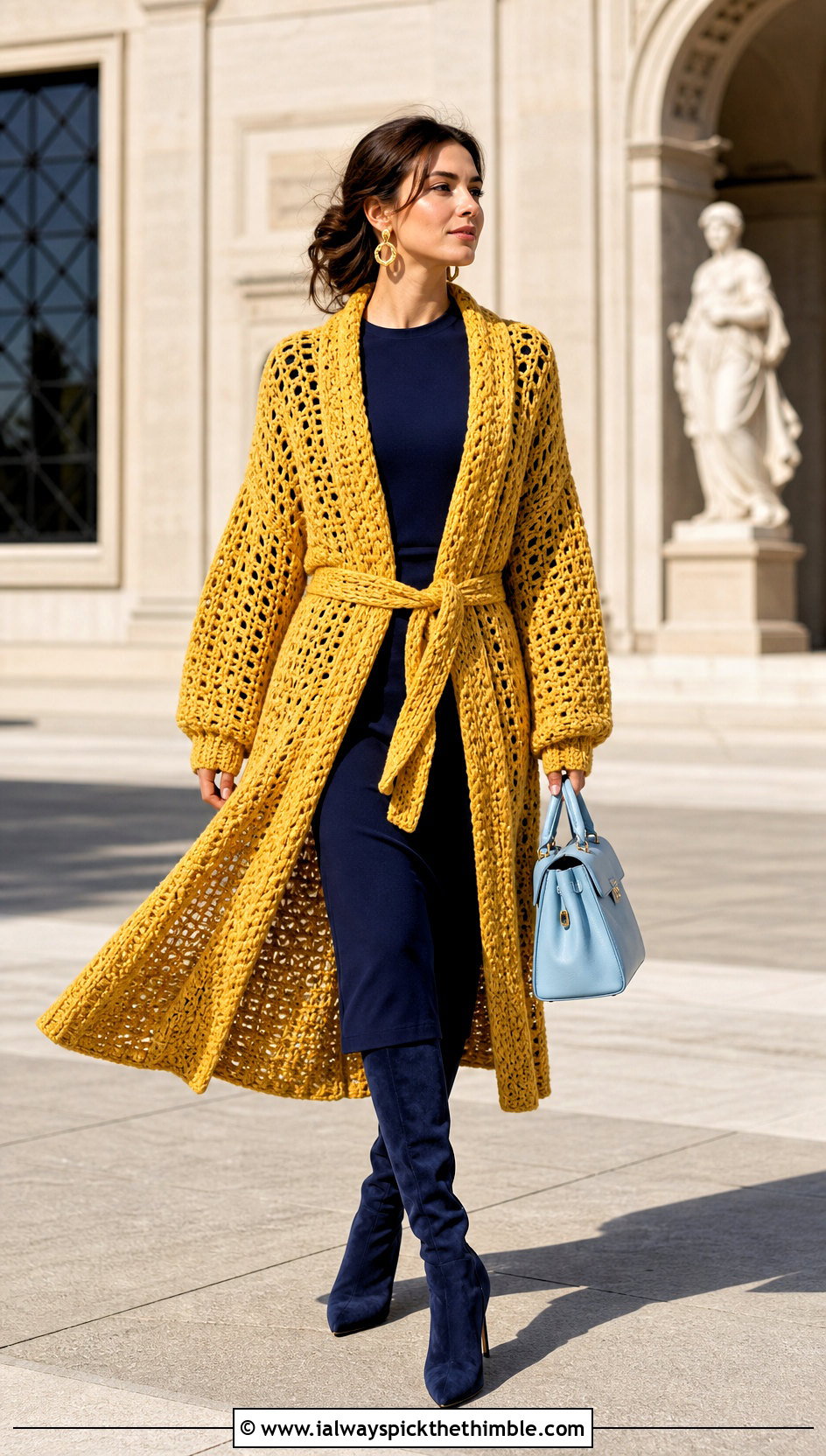 Belted Duster Bulky Crochet Cardigan With Column Dress - 20 Bulky Crochet Cardigan outfit ideas