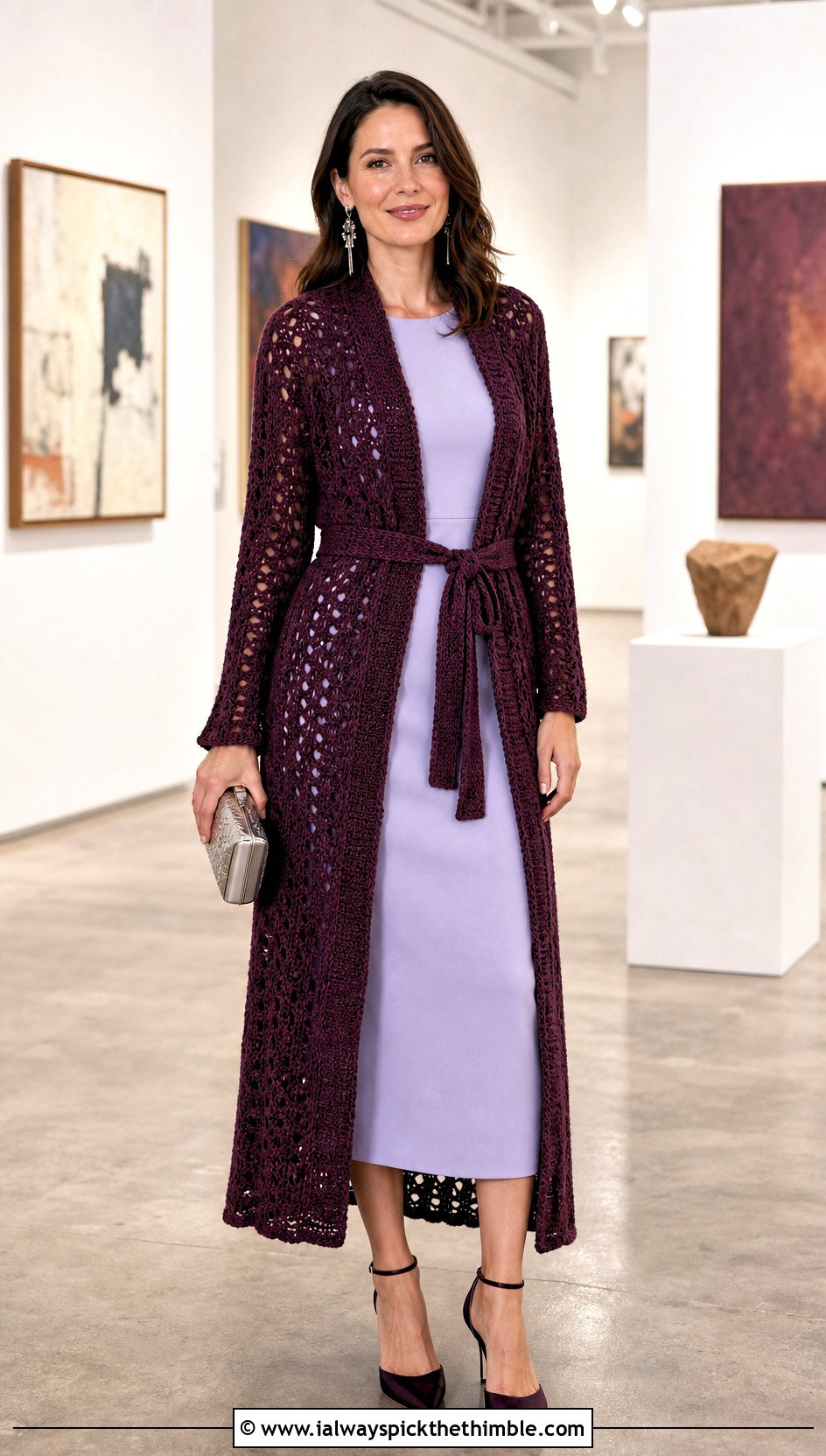 Belted Duster Crochet Cardigan With Column Dress - 25 easy crochet cardigan women outfit ideas