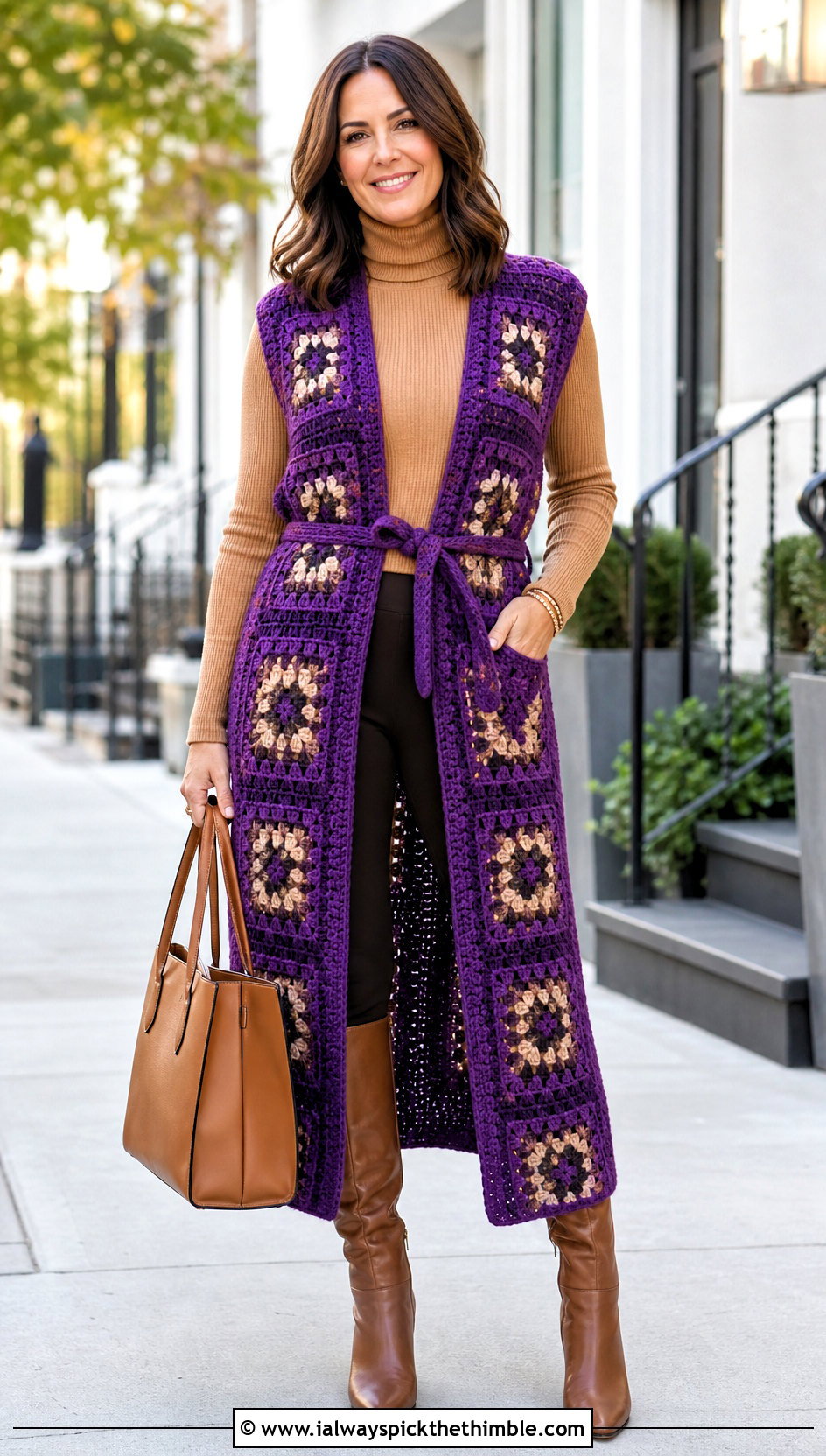 Belted Duster Granny Square Sleeveless Cardigan With Leggings - 20 granny square sleeveless cardigan outfit ideas