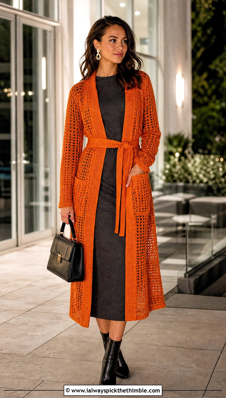 Belted Duster Pocket Crochet Cardigan With Column Dress - 25 crochet cardigan with pockets outfit ideas